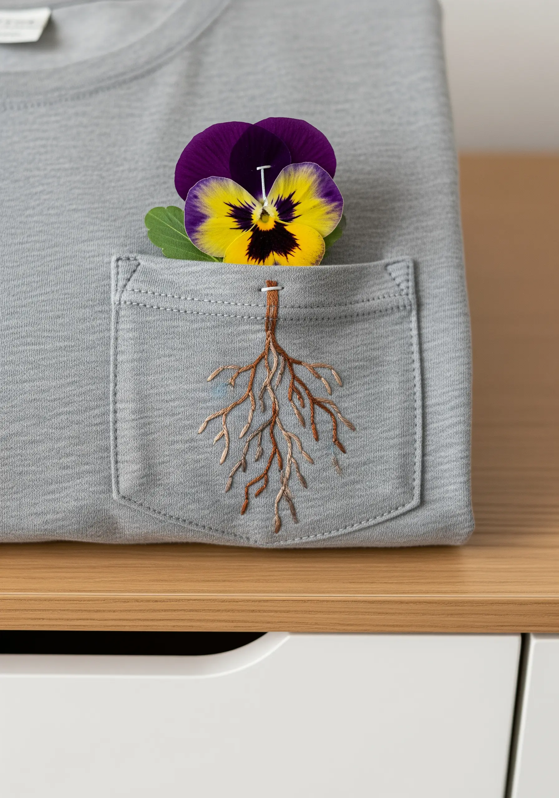 Embroidered roots on a t-shirt pocket with a fresh pansy tucked inside.
