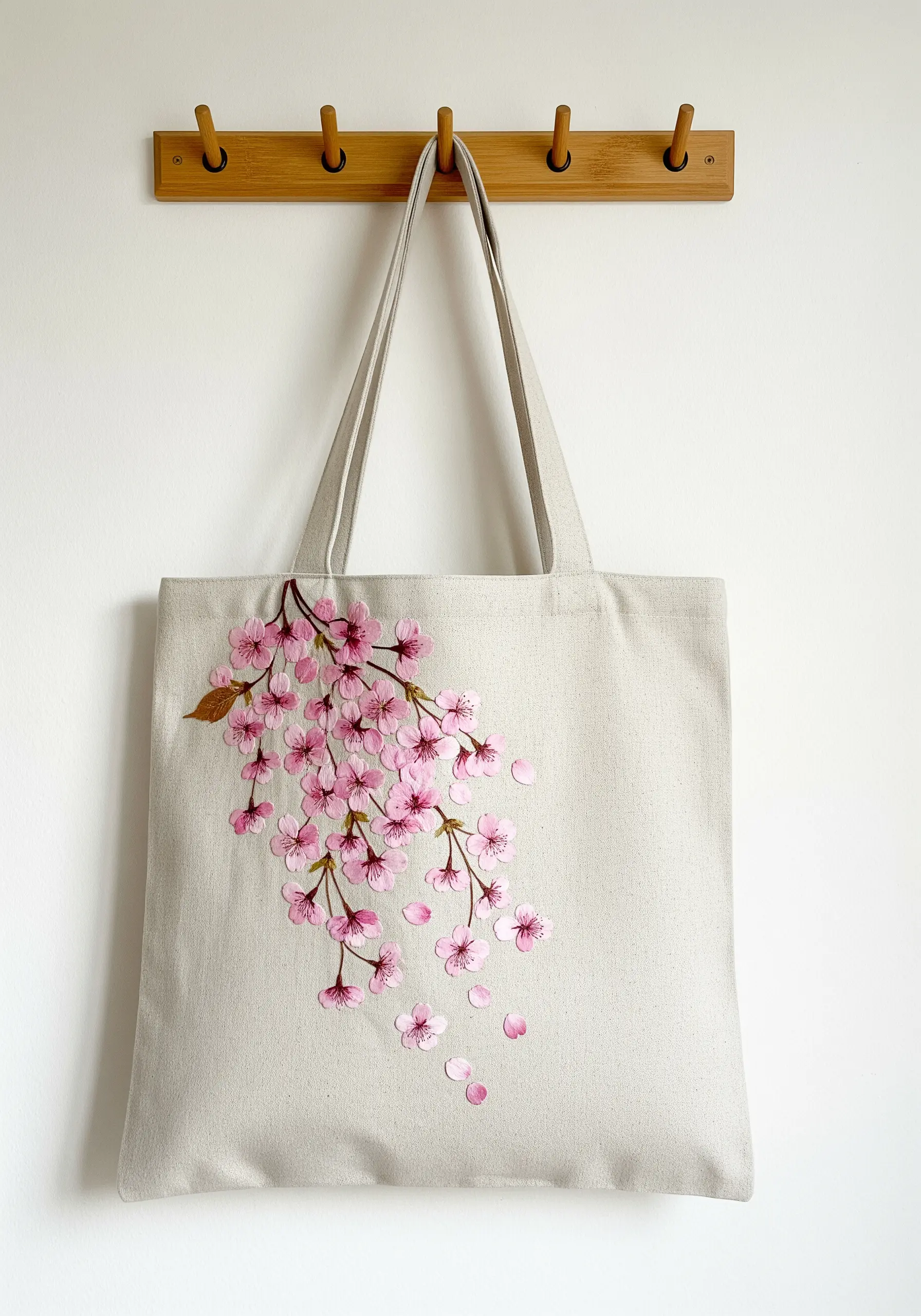 A tote bag embroidered with a branch of cascading cherry blossoms and falling petals.