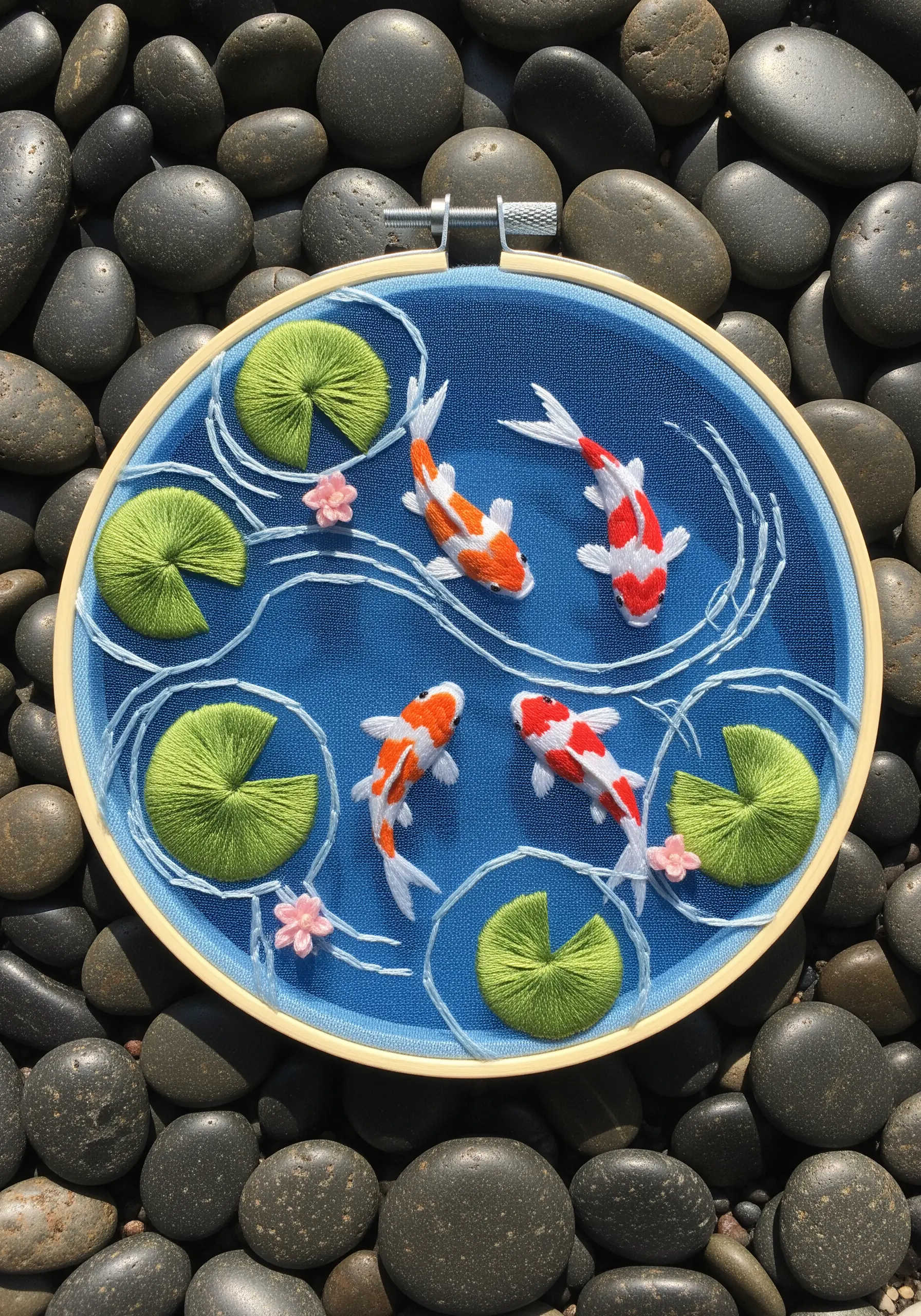 Embroidery of four koi fish swimming in a blue pond with green lily pads.