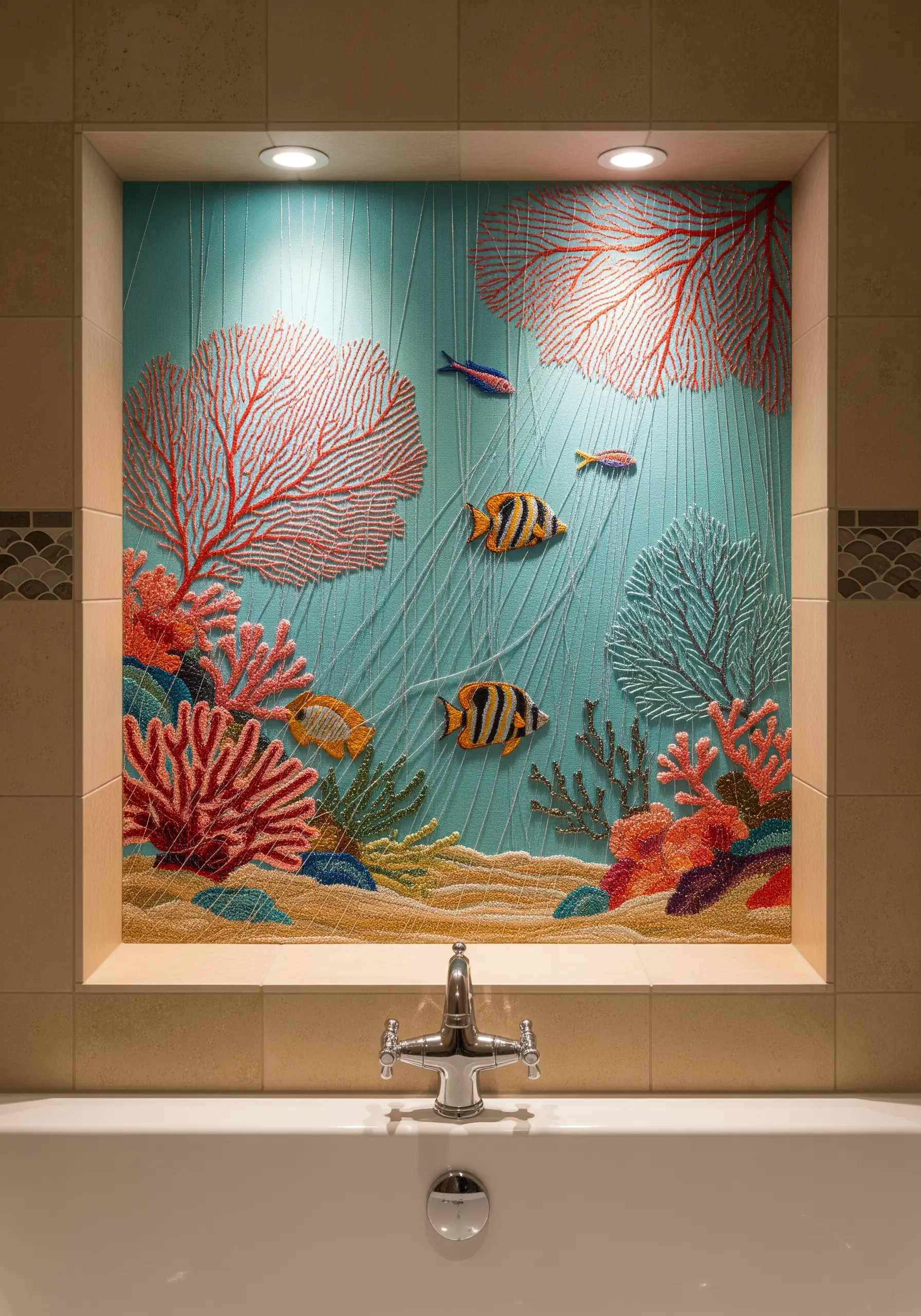 Embroidered underwater coral reef scene with tropical fish and textured coral in a bathroom niche.