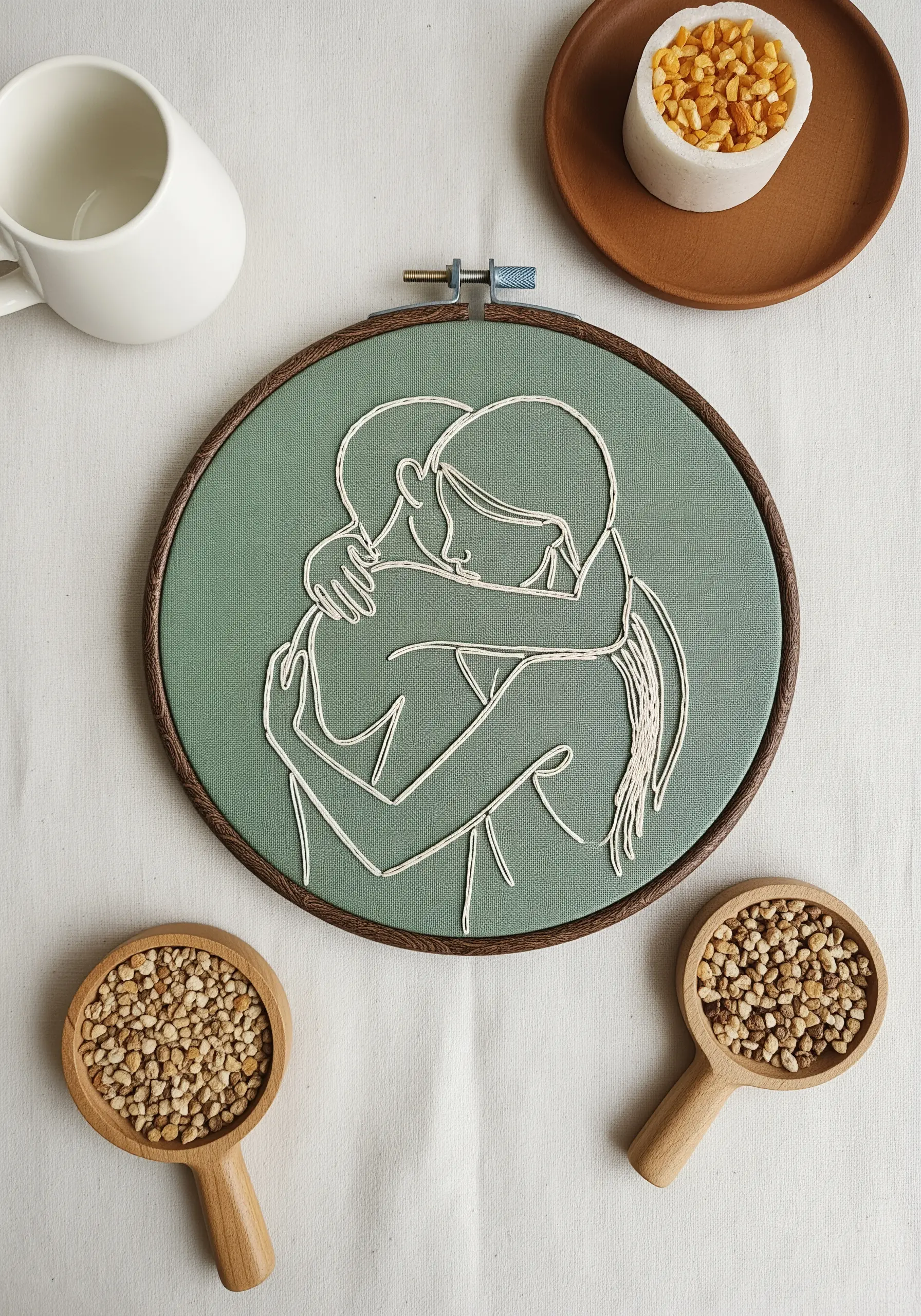 Line art embroidery of an embracing couple, with directional stitching for hair texture.