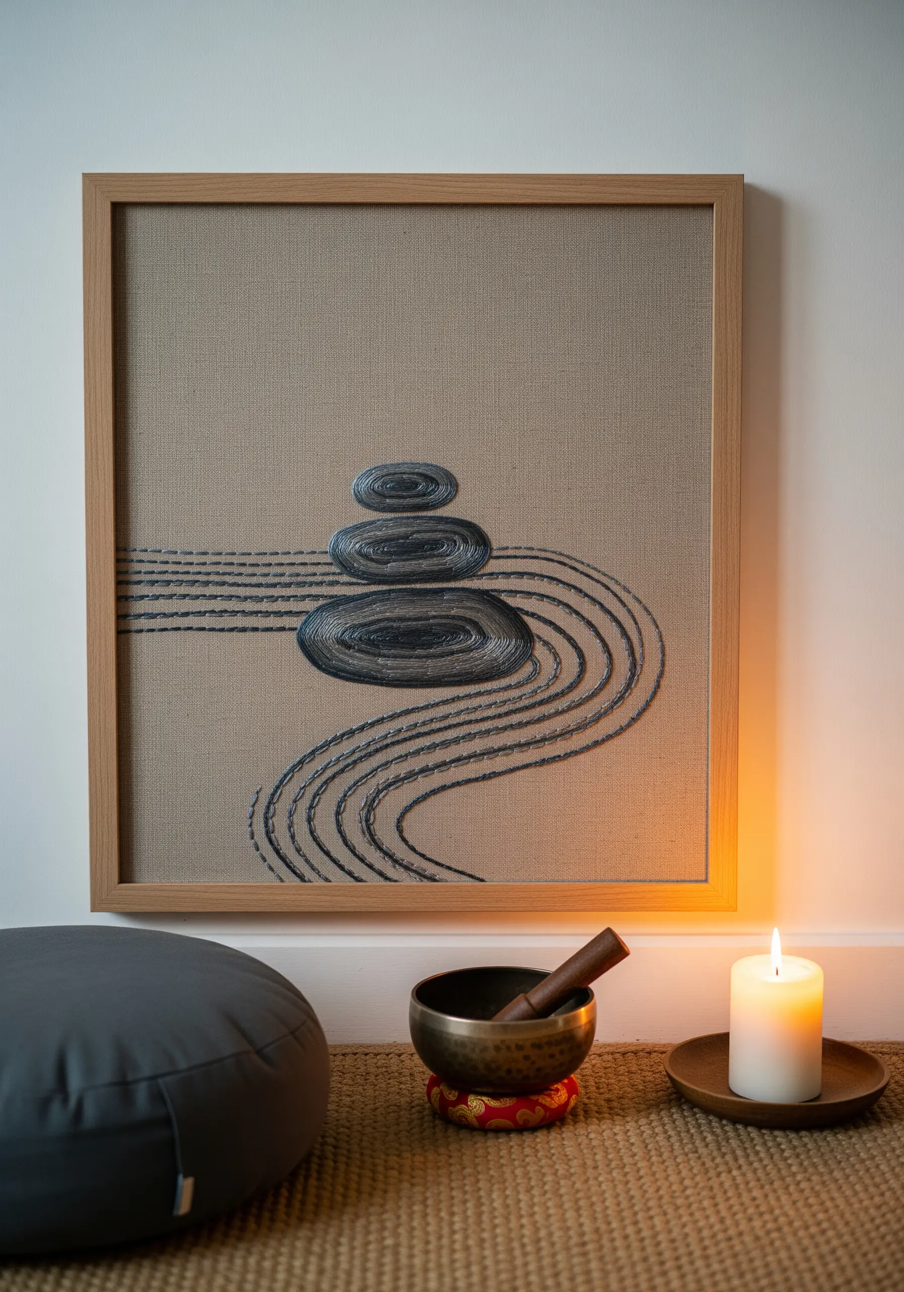 Embroidered zen garden with stacked stones and raked lines on neutral linen.