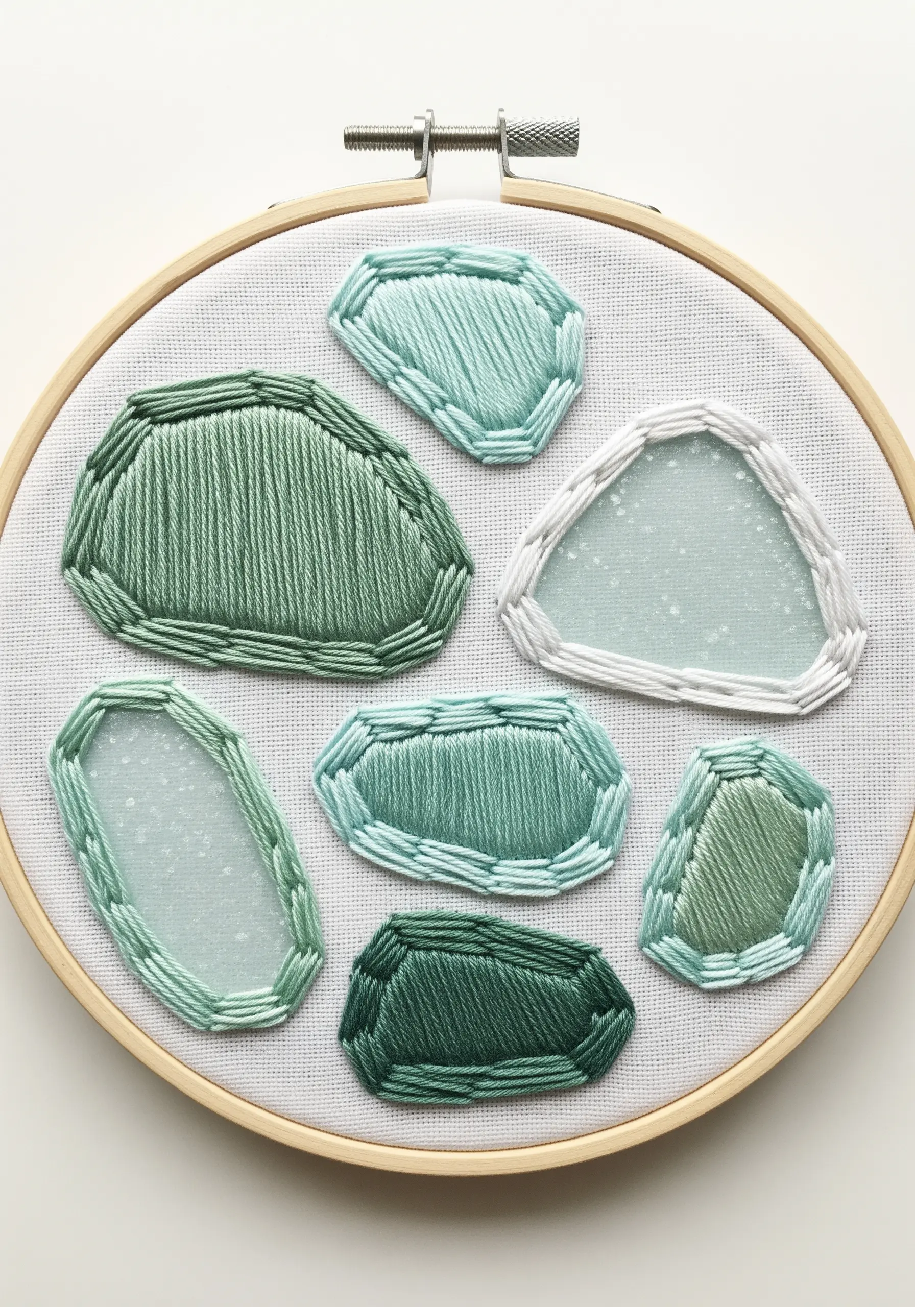 Embroidered sea glass shapes using sheer fabric appliqué and satin stitch borders.