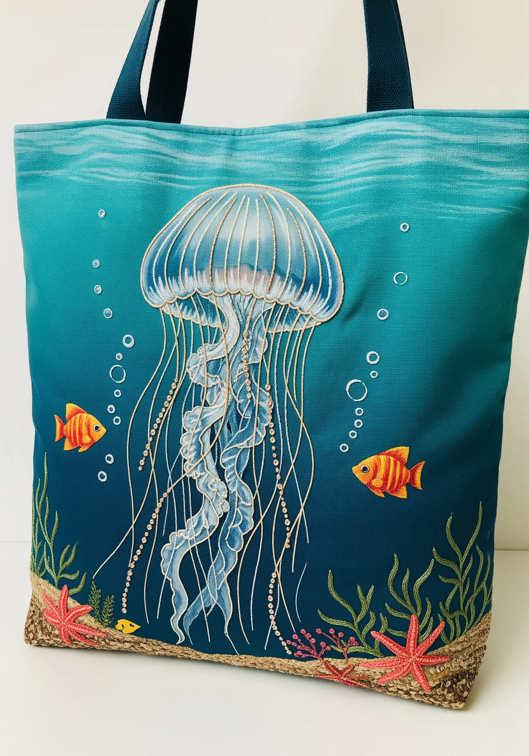 A translucent jellyfish embroidered over organza appliqué on an aquatic-themed tote bag.