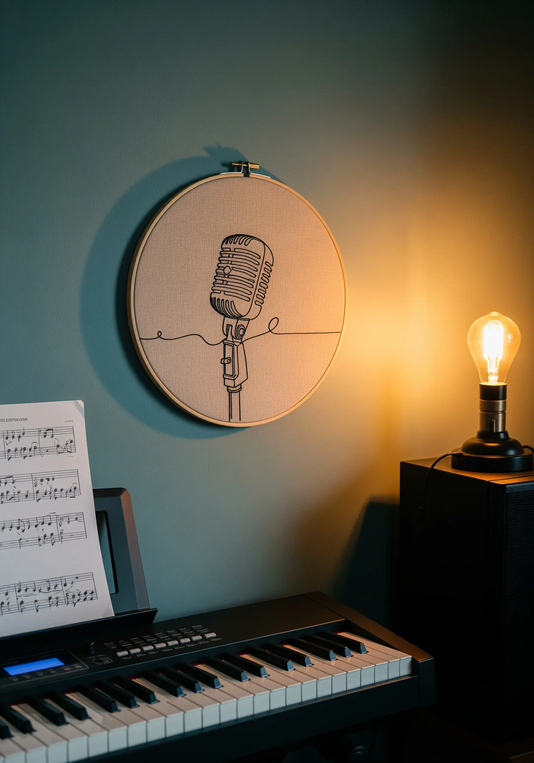 A one-line embroidery of a vintage microphone in a hoop, lit by a warm lamp.