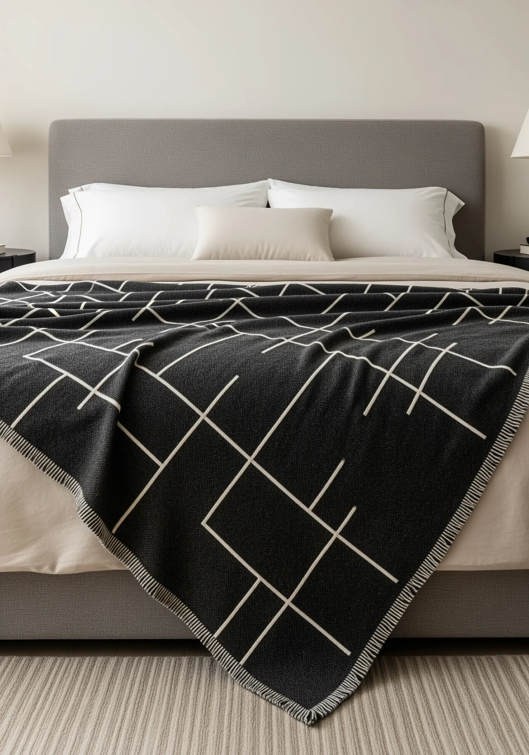 A close-up of a dark grey throw with an embroidered white geometric line pattern.