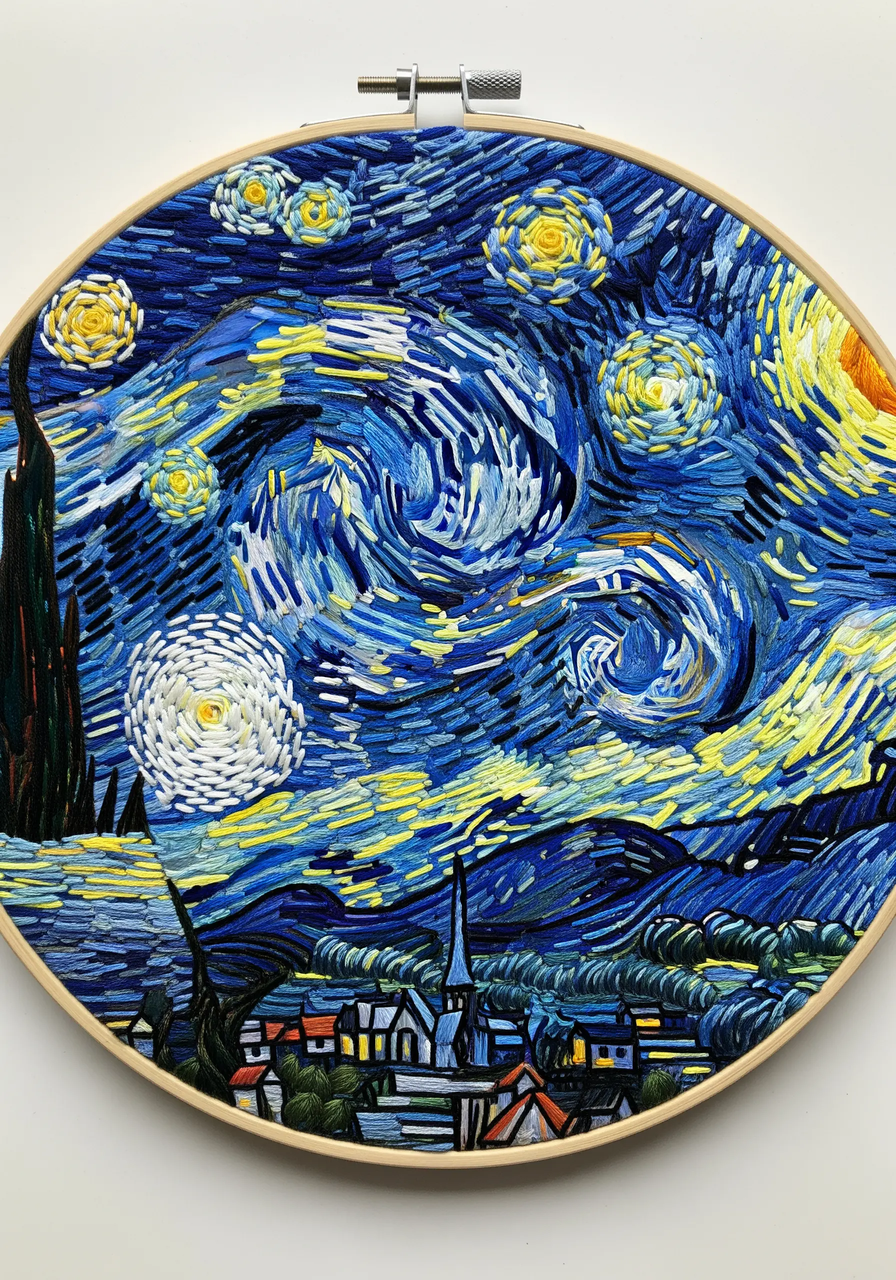 Starry Night inspired embroidery with swirling stitches