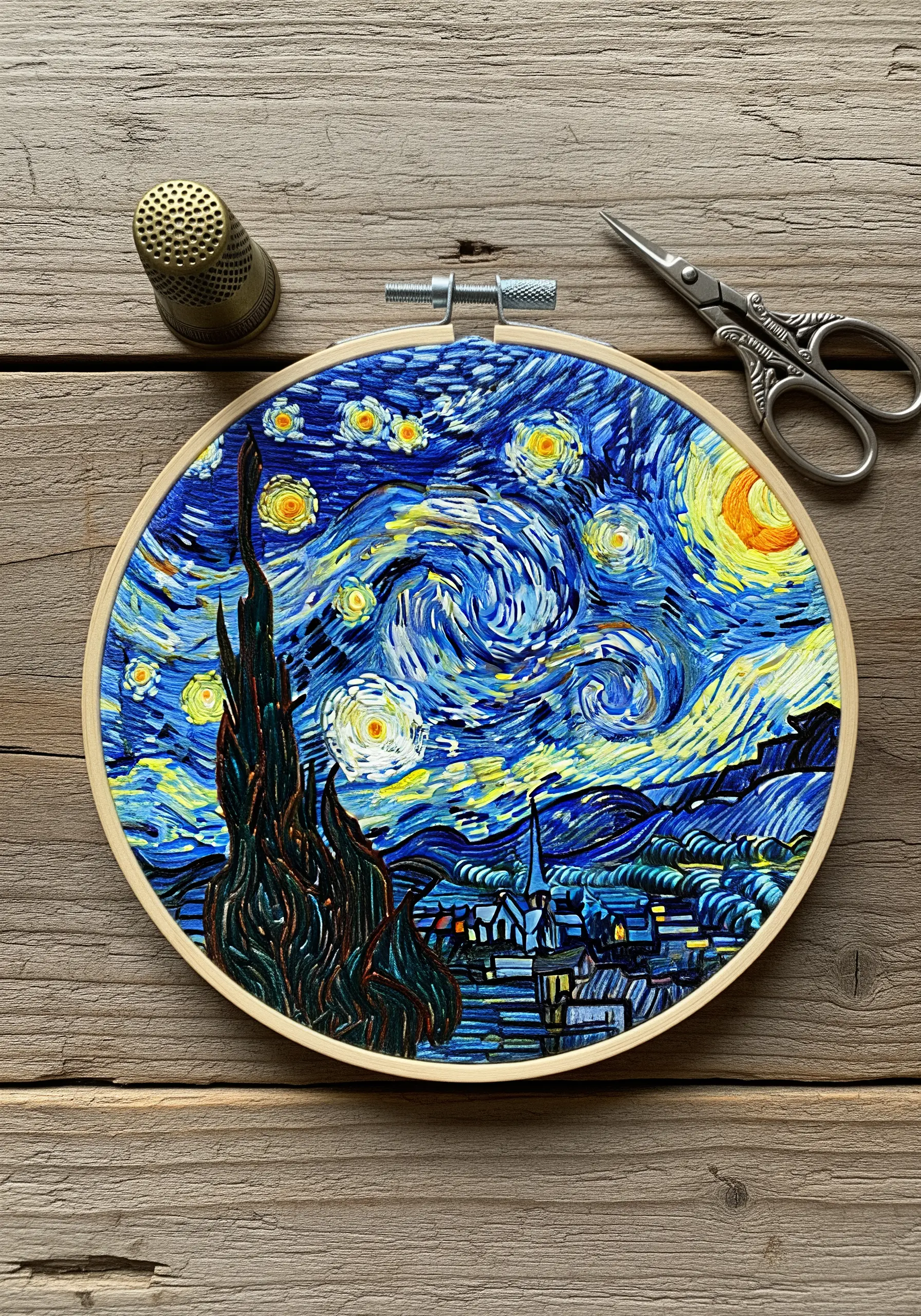 Starry Night inspired embroidery using directional thread painting