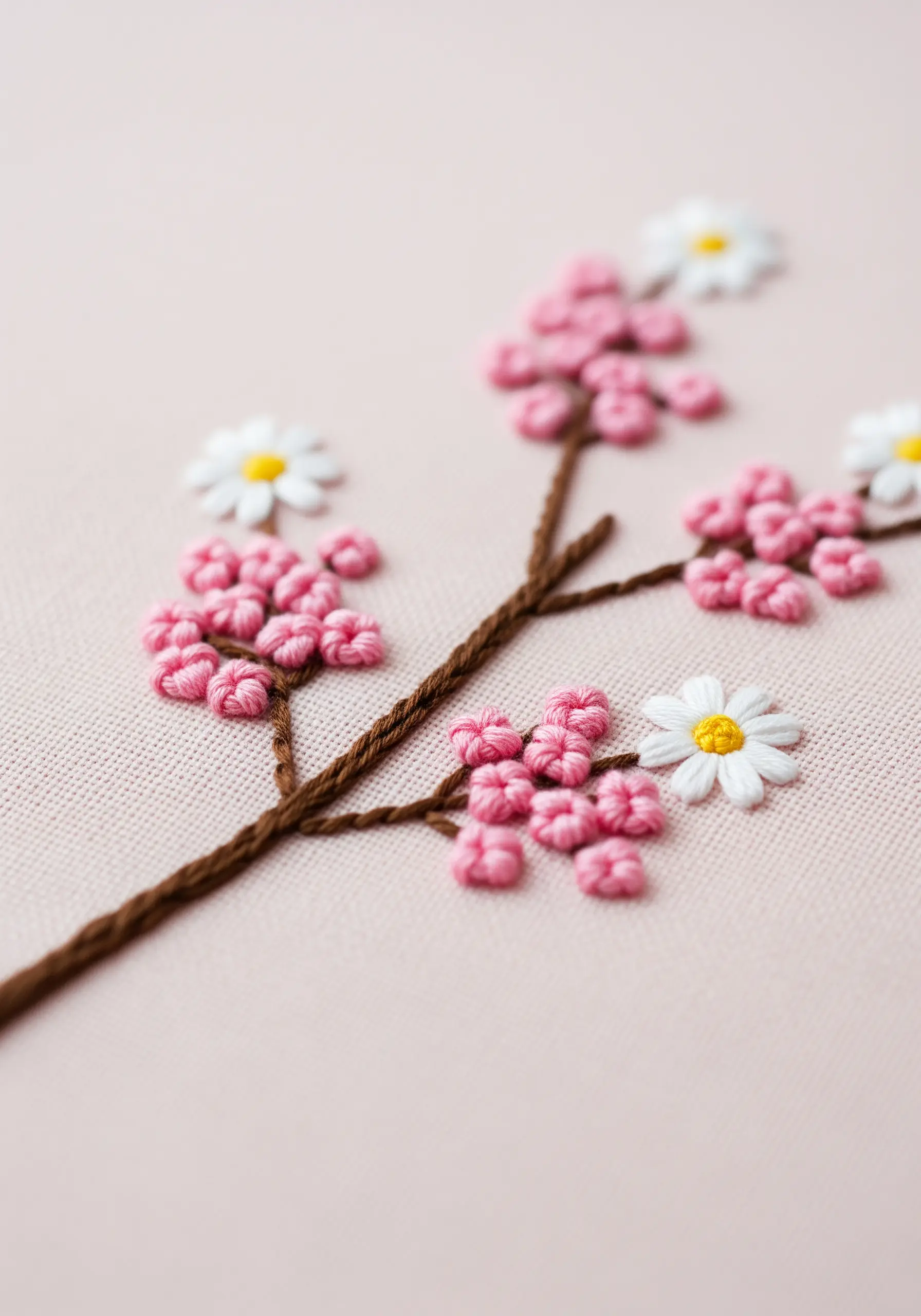 A branch of cherry blossoms embroidered with pink French knots and white lazy daisy flowers.