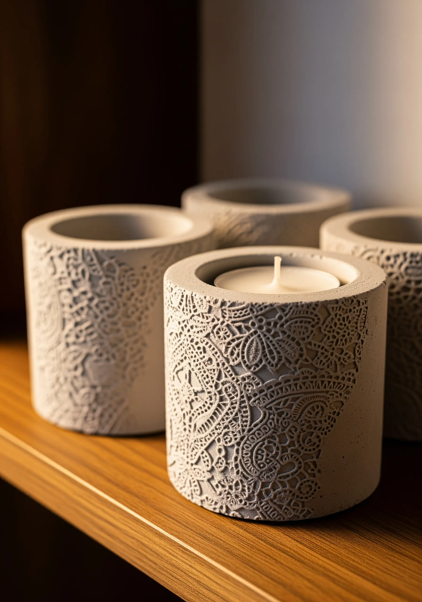 Cylindrical concrete tealight holders with delicate, intricate lace patterns imprinted on them.