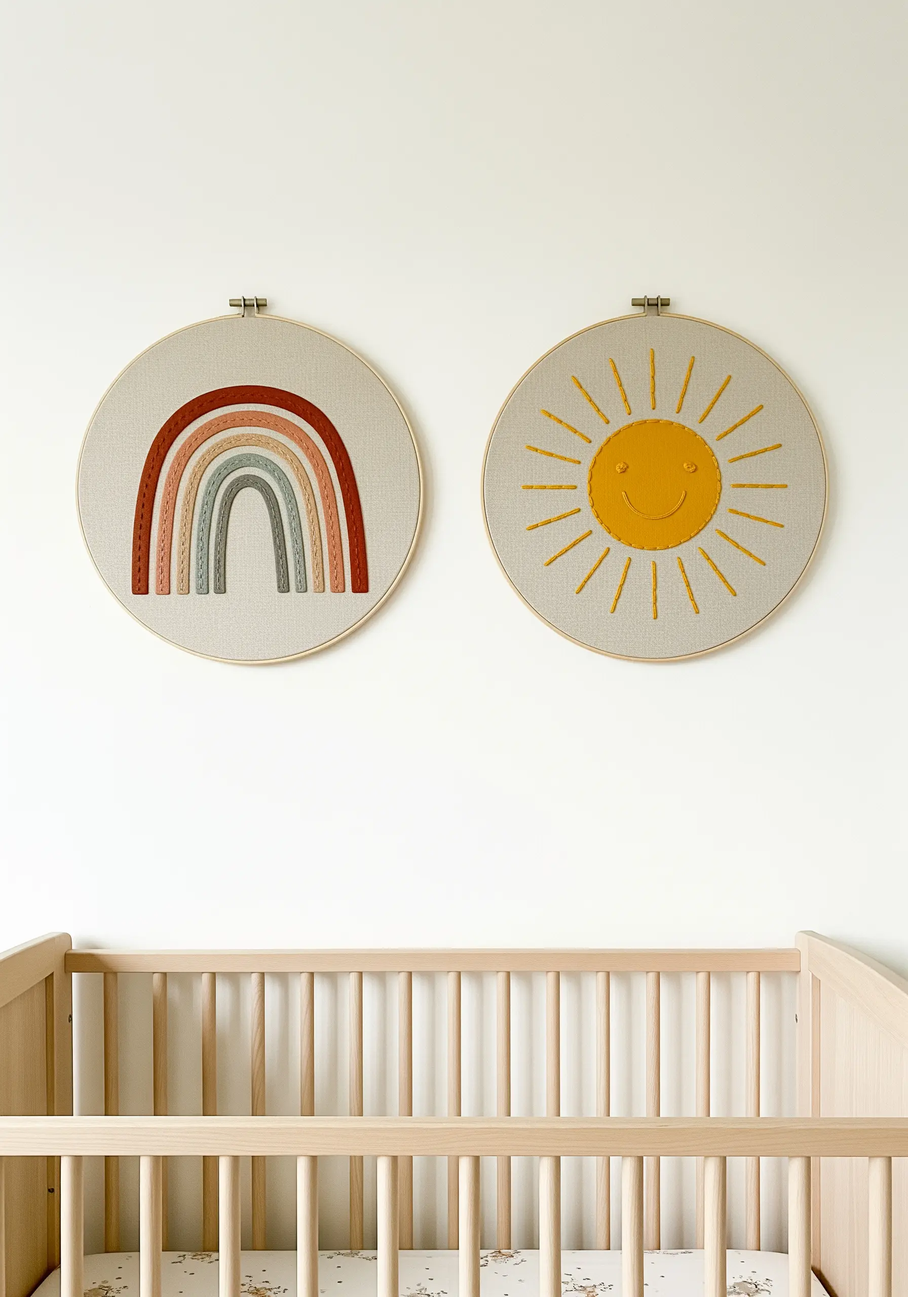 Two embroidery hoops for a nursery, one with a rainbow and one with a sun, using felt.