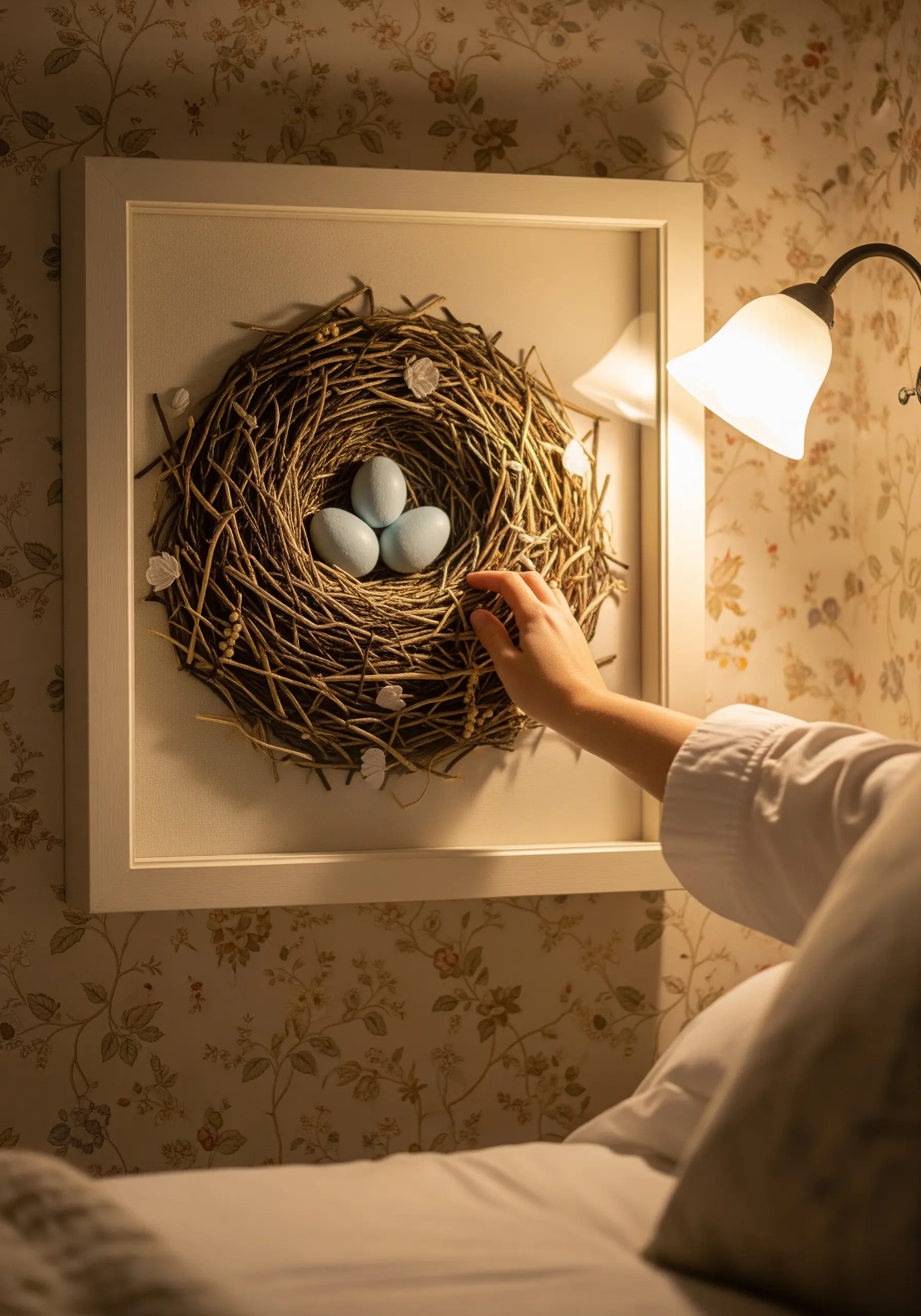 A framed art piece featuring a realistic bird's nest made with real twigs and three blue eggs
