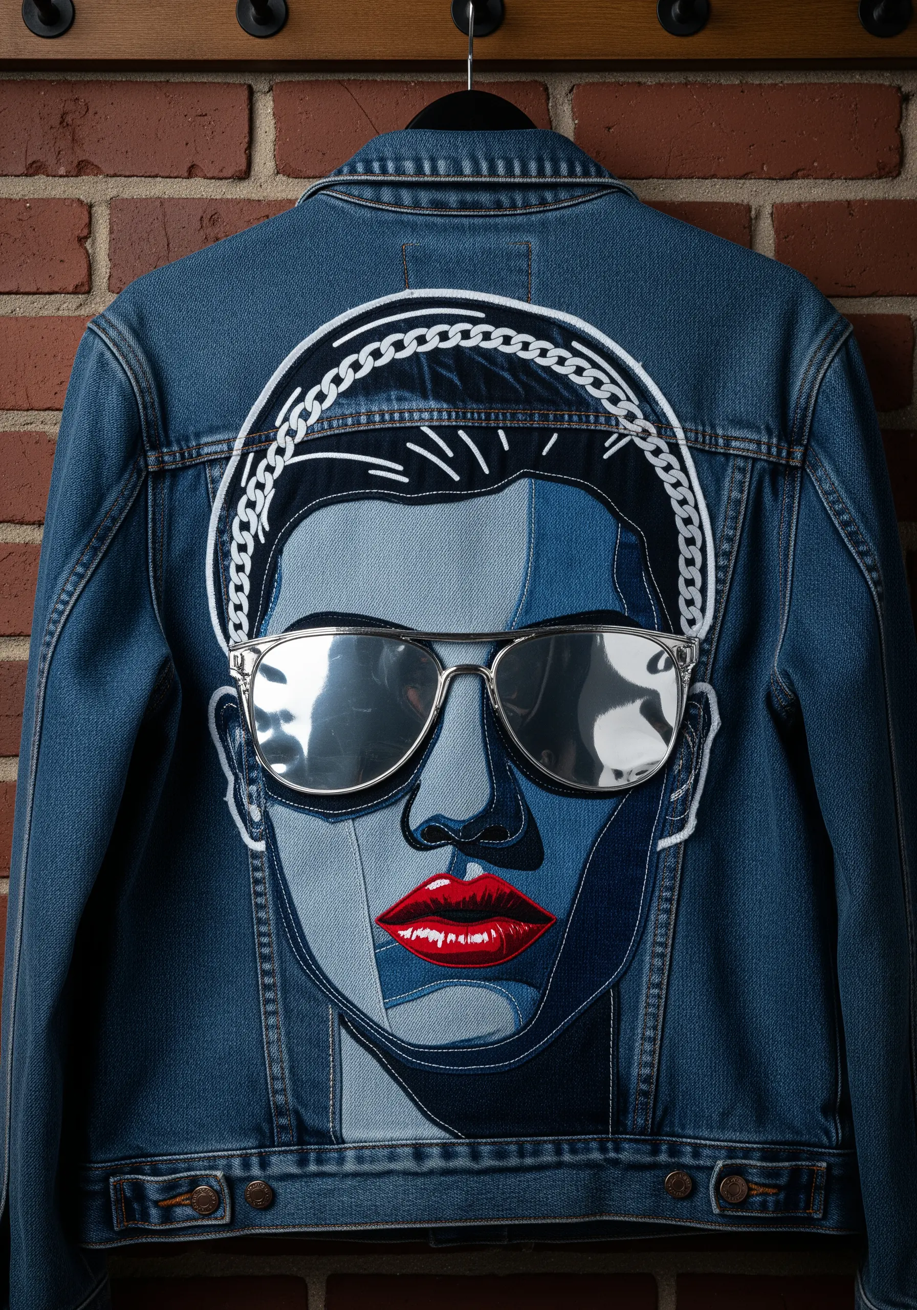 Fabric collage portrait on a denim jacket with real mirrored sunglasses and embroidered lips.