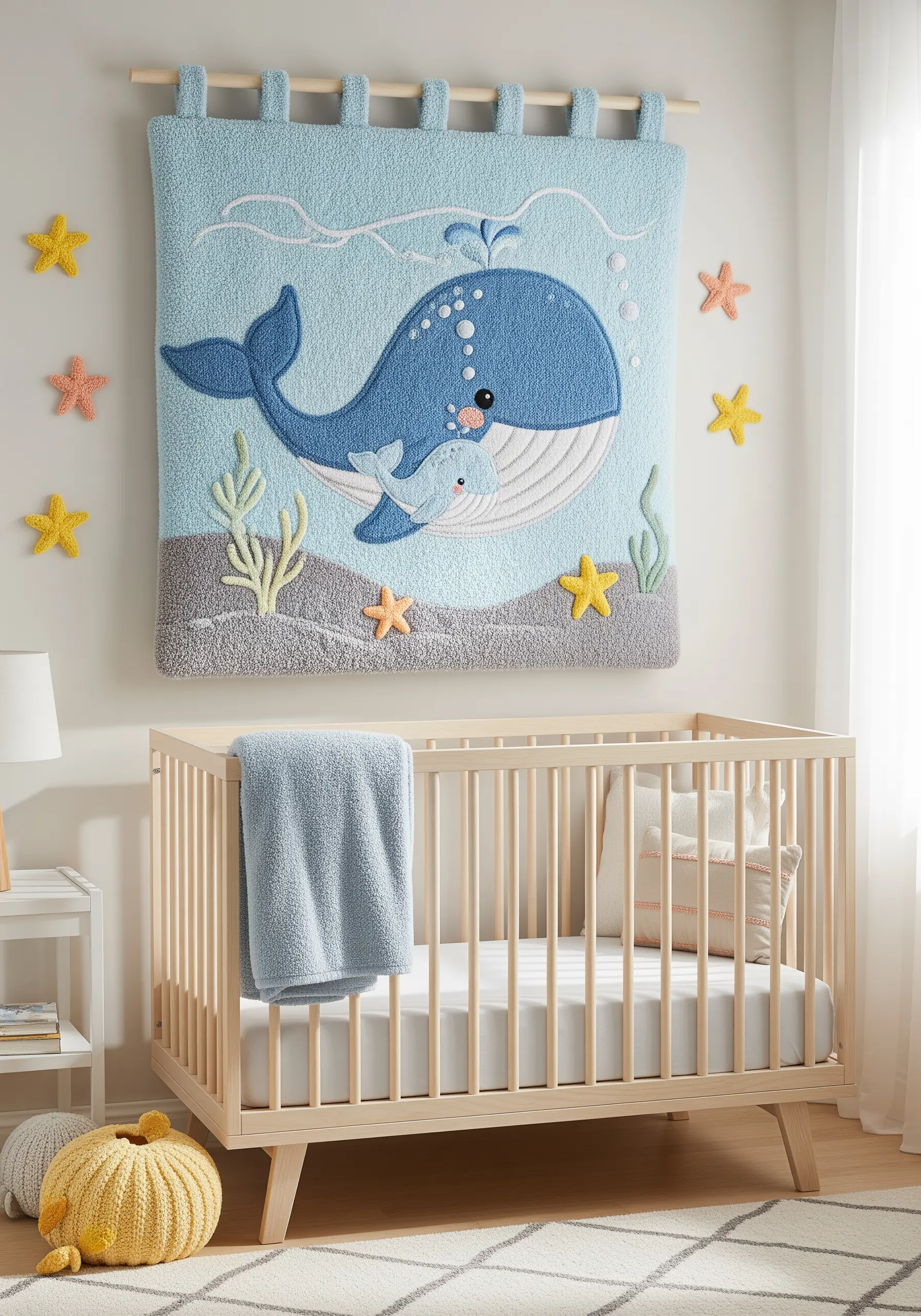 Soft, textured nursery wall hanging of a mother and baby whale.