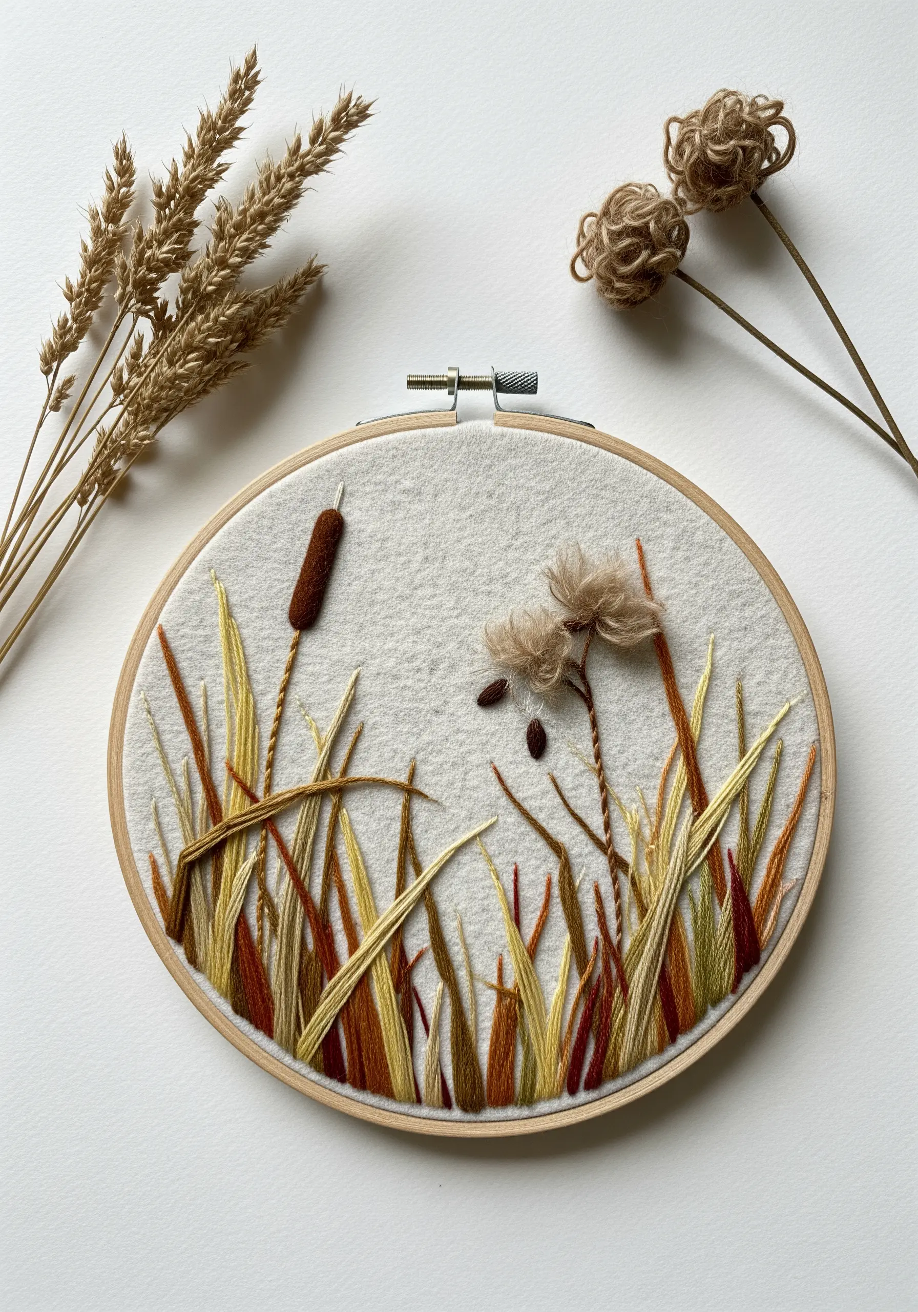 Mixed-fiber embroidery of reeds, using standard floss for stalks and fluffy brown yarn for heads.