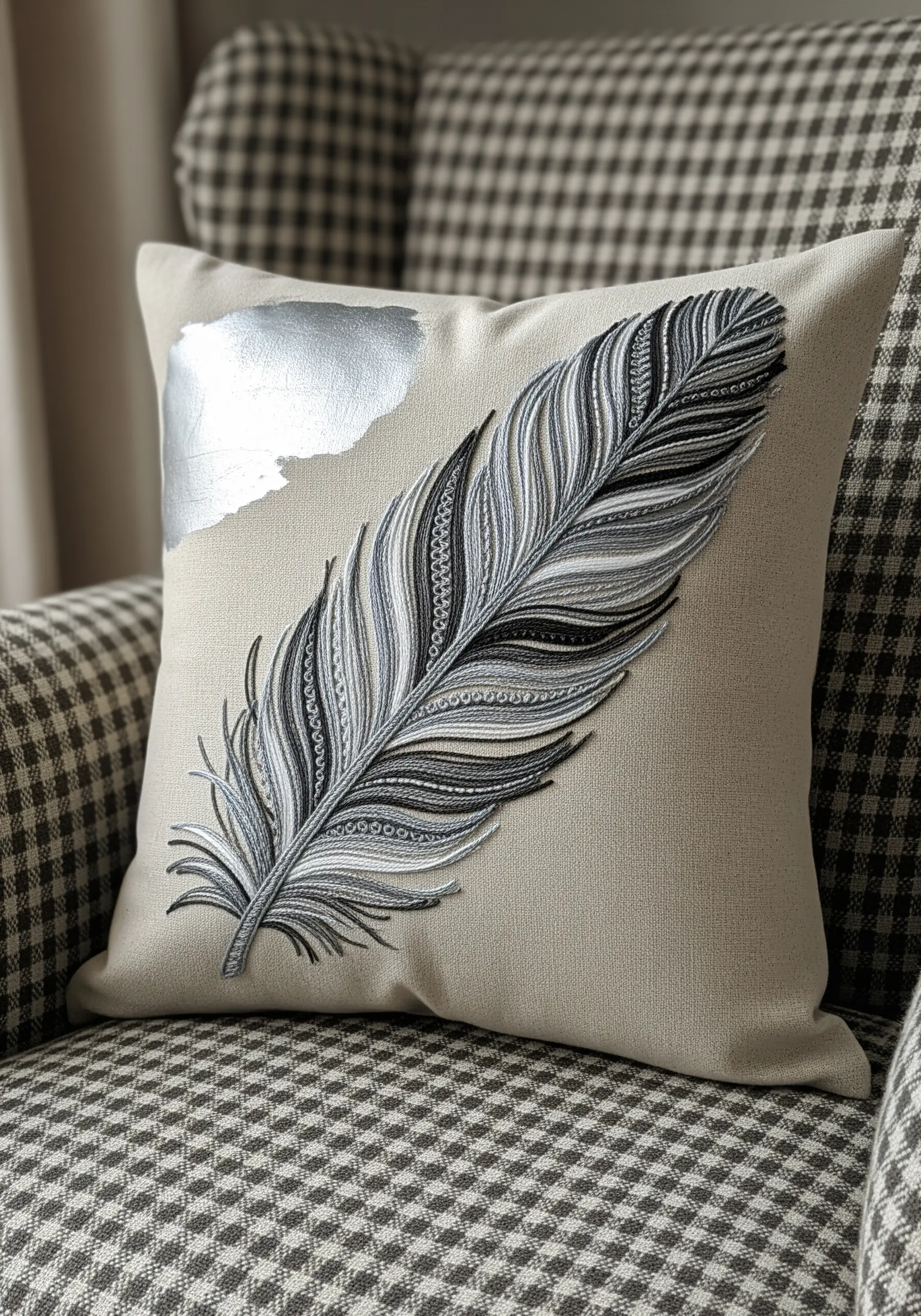 An intricately embroidered feather on a cushion with a patch of silver foil.