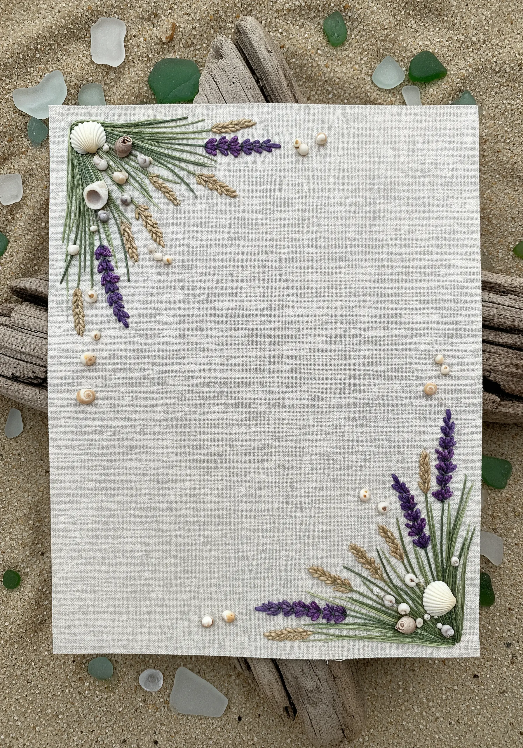 Embroidered coastal corners with lavender, sea grass, and real tiny seashells on linen fabric.