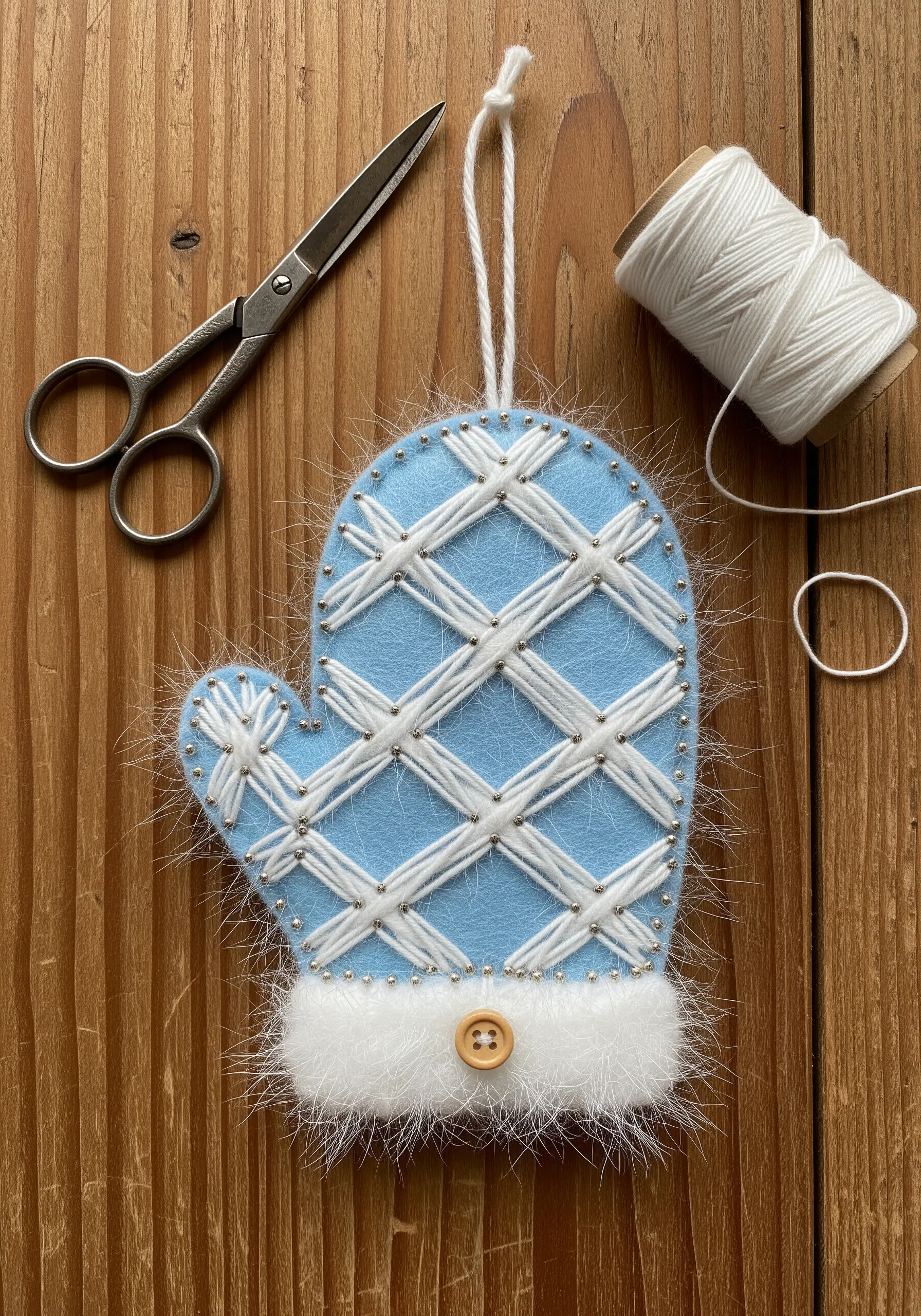 Blue and white string art mitten with a fluffy white cuff and wooden button.