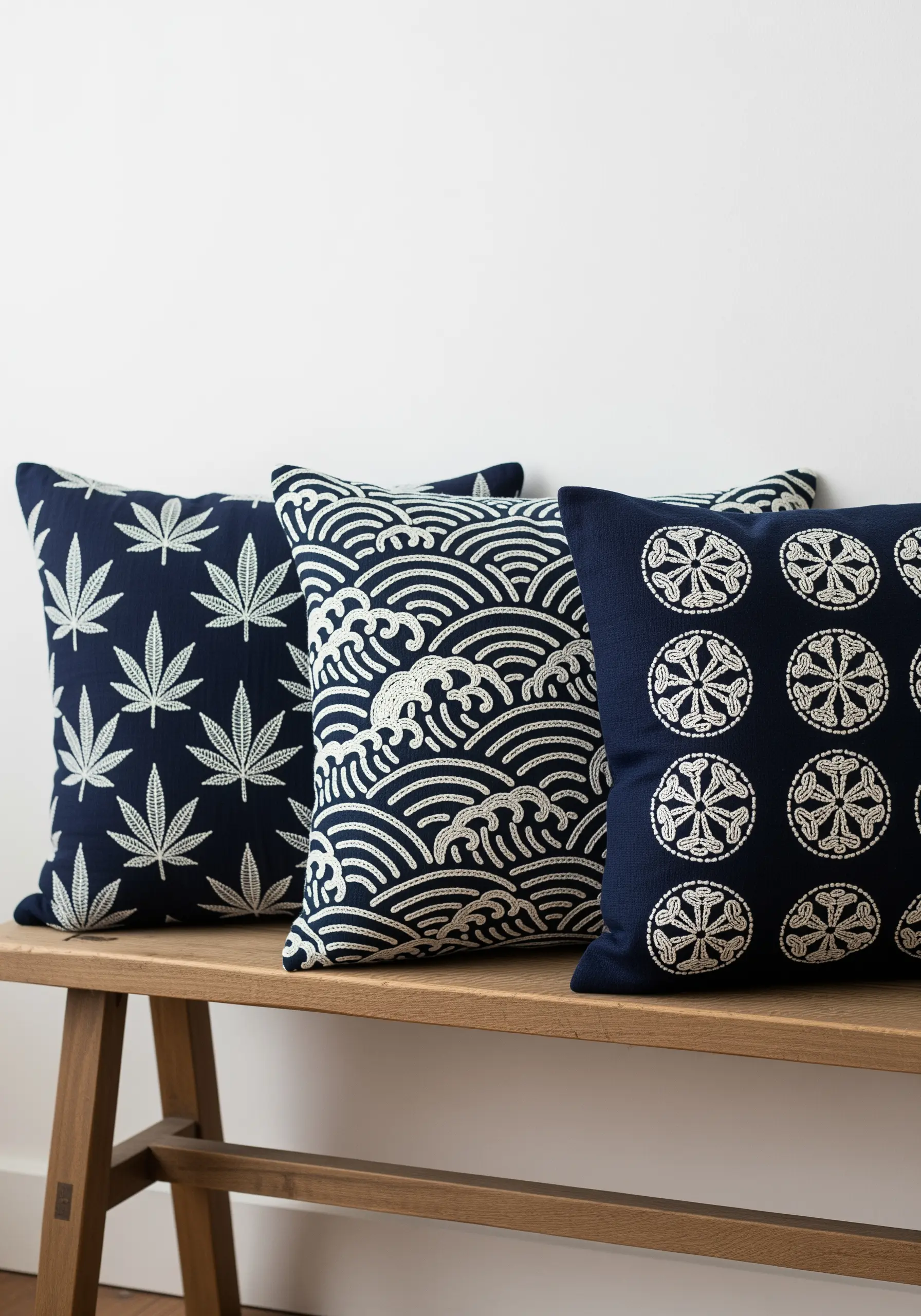 White Japanese-inspired embroidery (waves, leaves, crests) on dark indigo pillows.