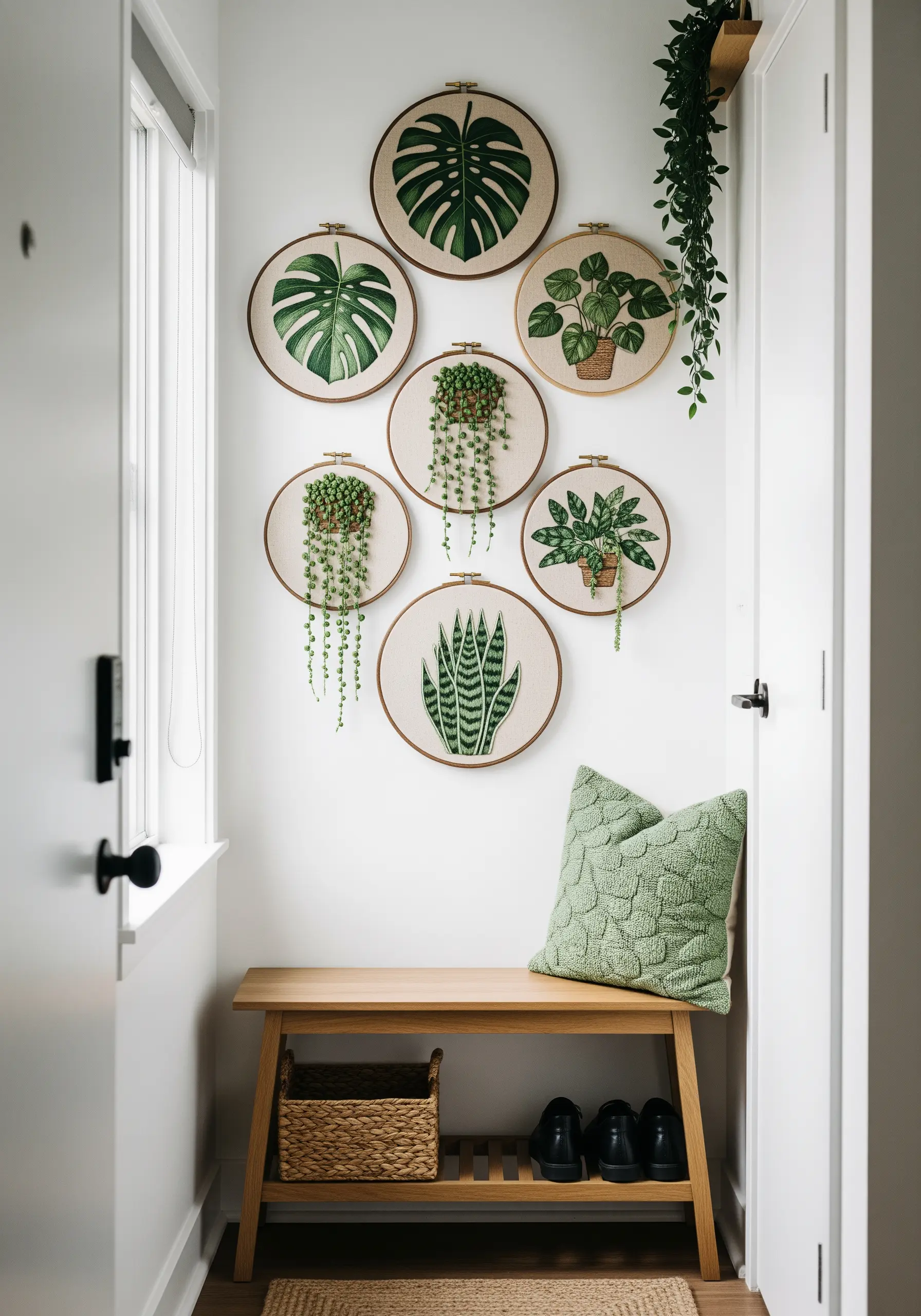 A collection of embroidery hoops featuring various stitched houseplants like monstera and snake plant.