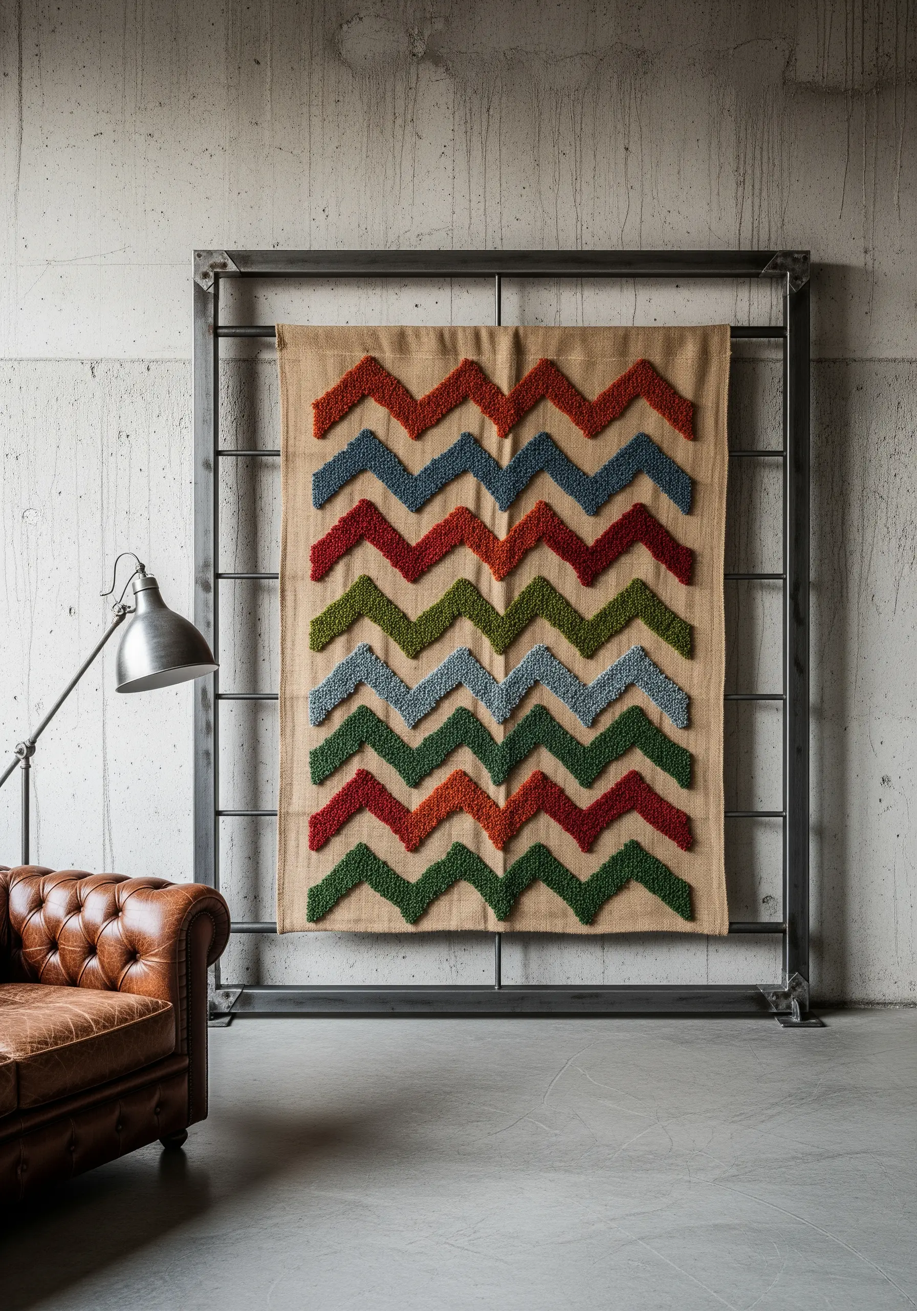 Large burlap hanging with plush chevron patterns in red, blue, and green on a metal rack