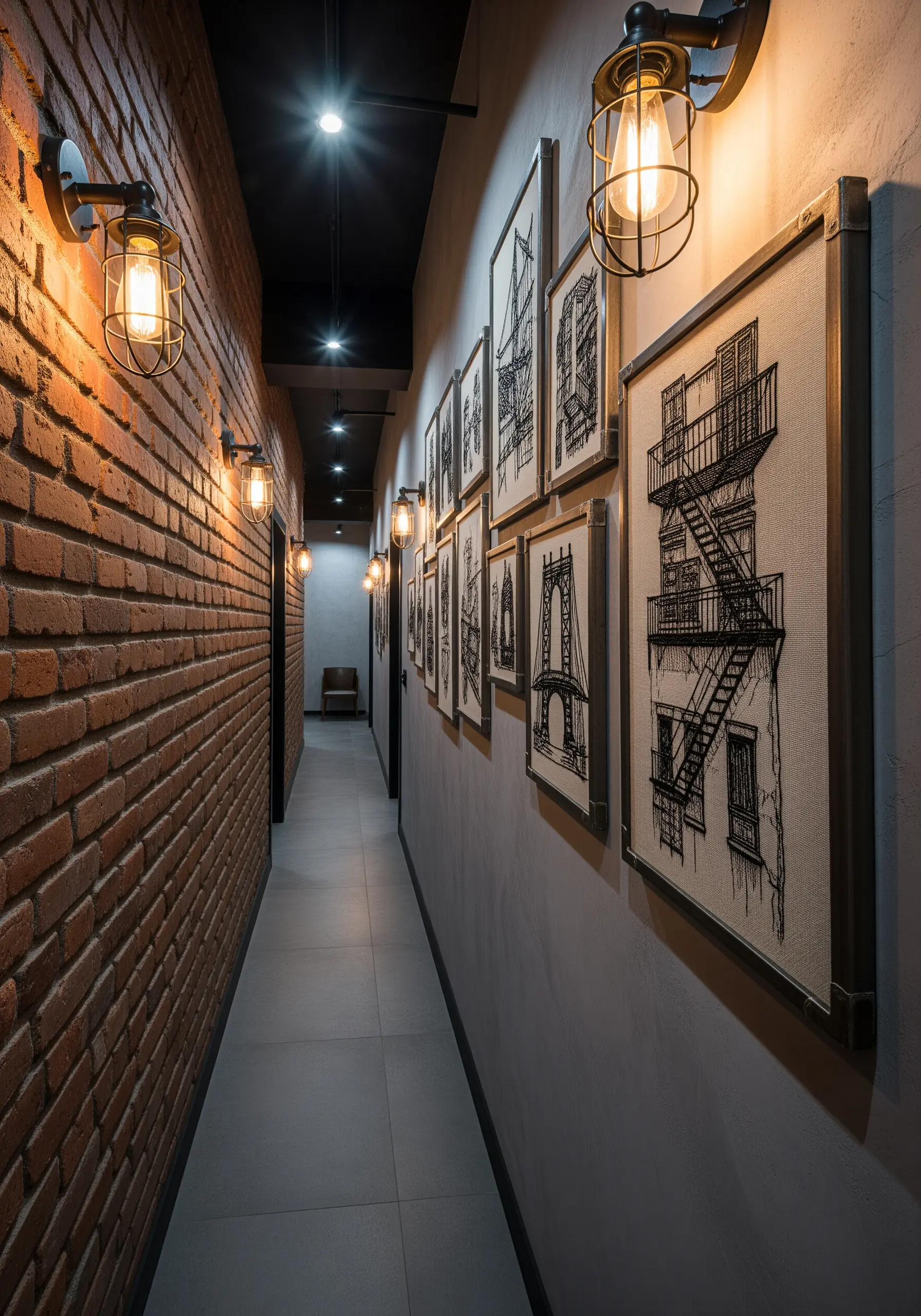 A series of framed architectural embroideries of cityscapes on an industrial-style hallway wall.