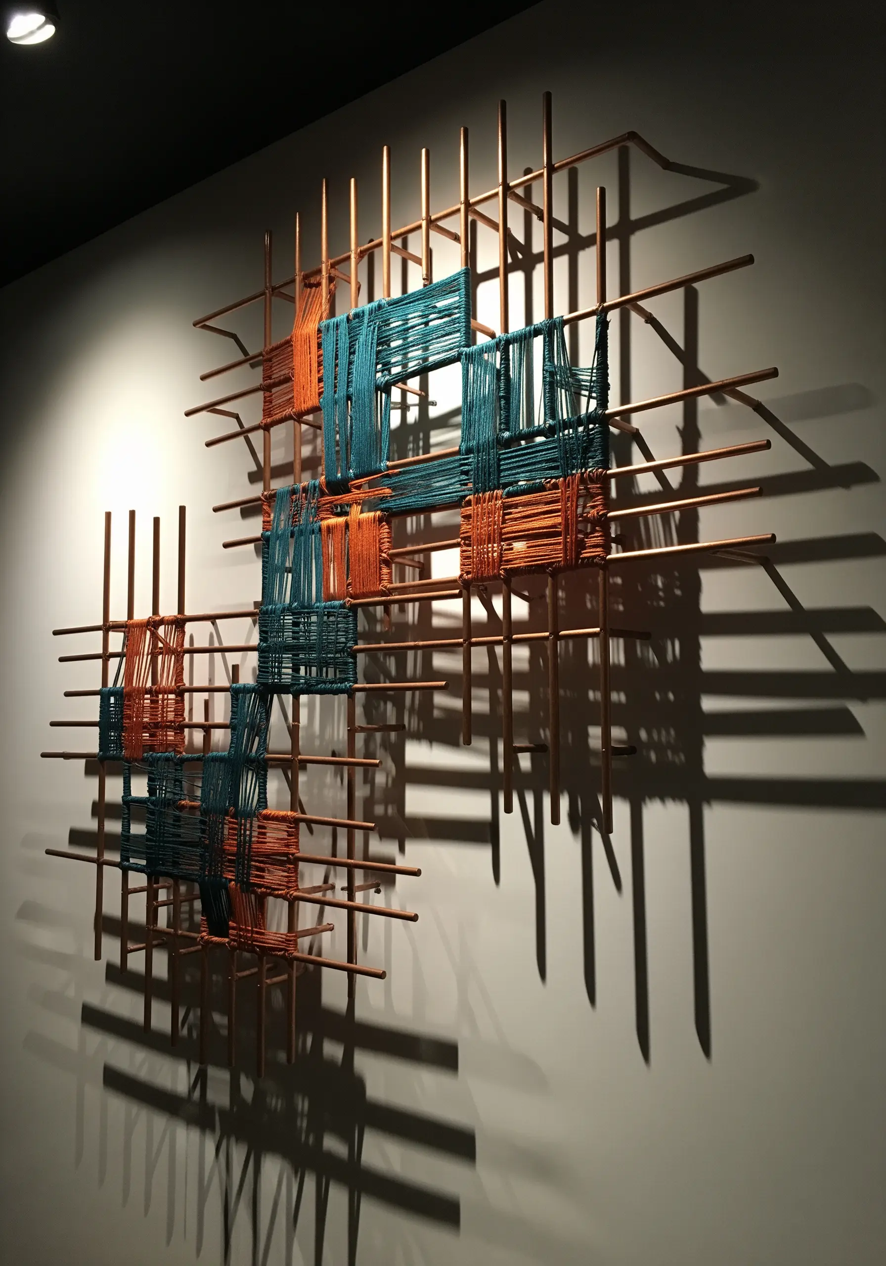 Yarn woven in blocks of color through a grid of copper pipes mounted on a wall.