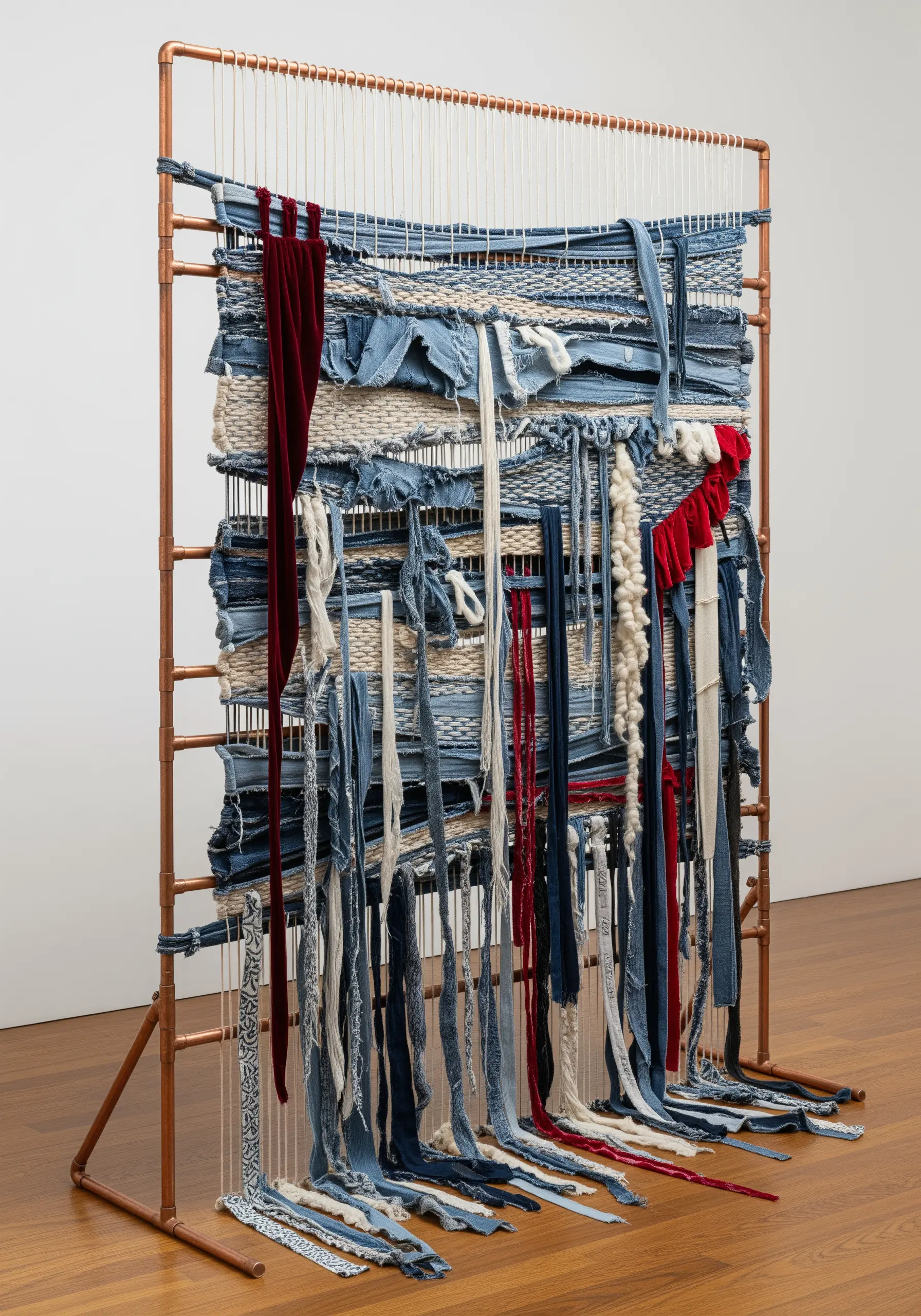 Woven denim and fabric strips on a copper pipe frame
