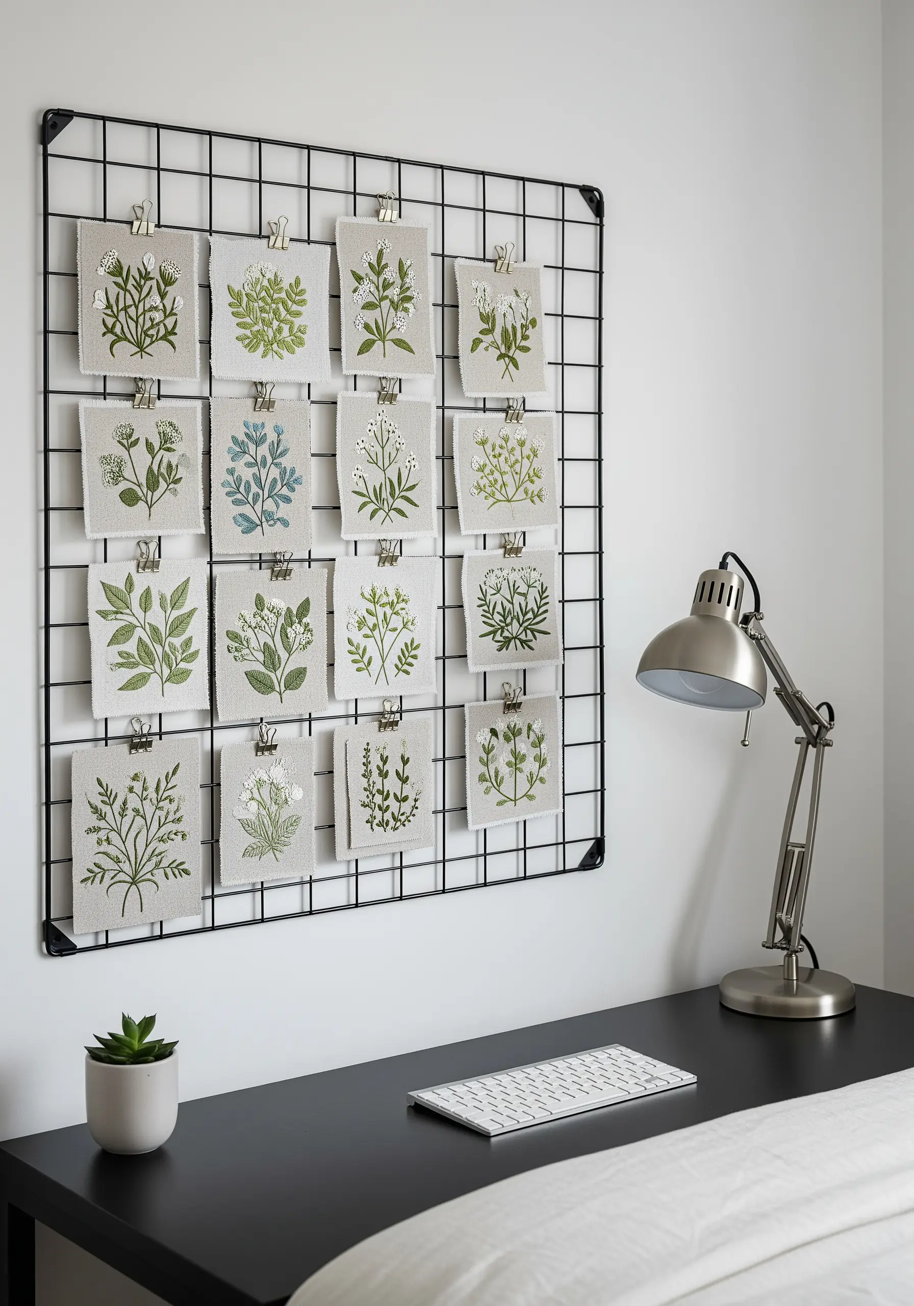 Black wire grid on wall holding raw canvas botanical embroidery swatches