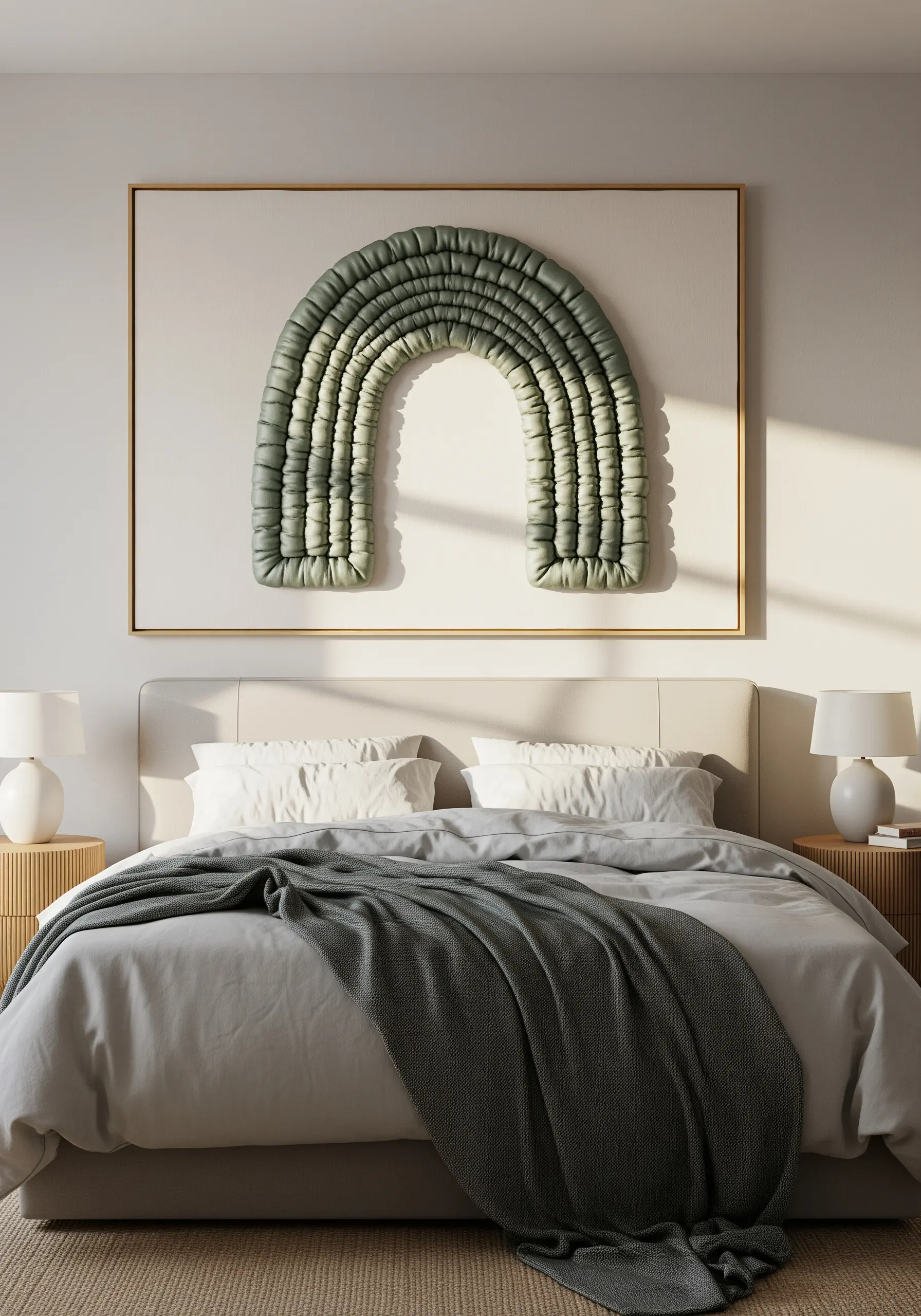 A large, soft-sculpture rainbow made with green padded fabric using the trapunto technique.