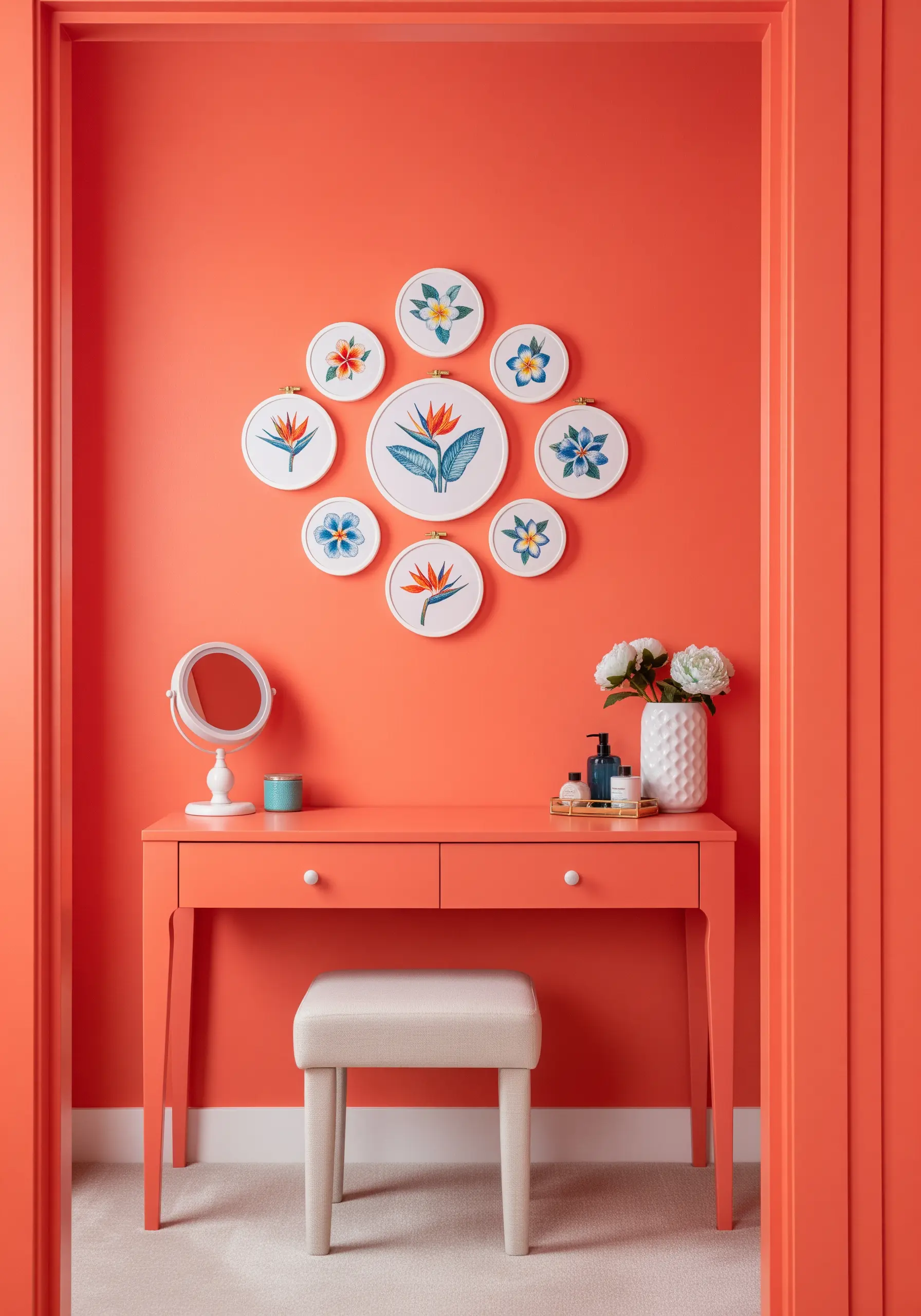 A collection of embroidery hoops with tropical flowers arranged above a coral-colored desk.