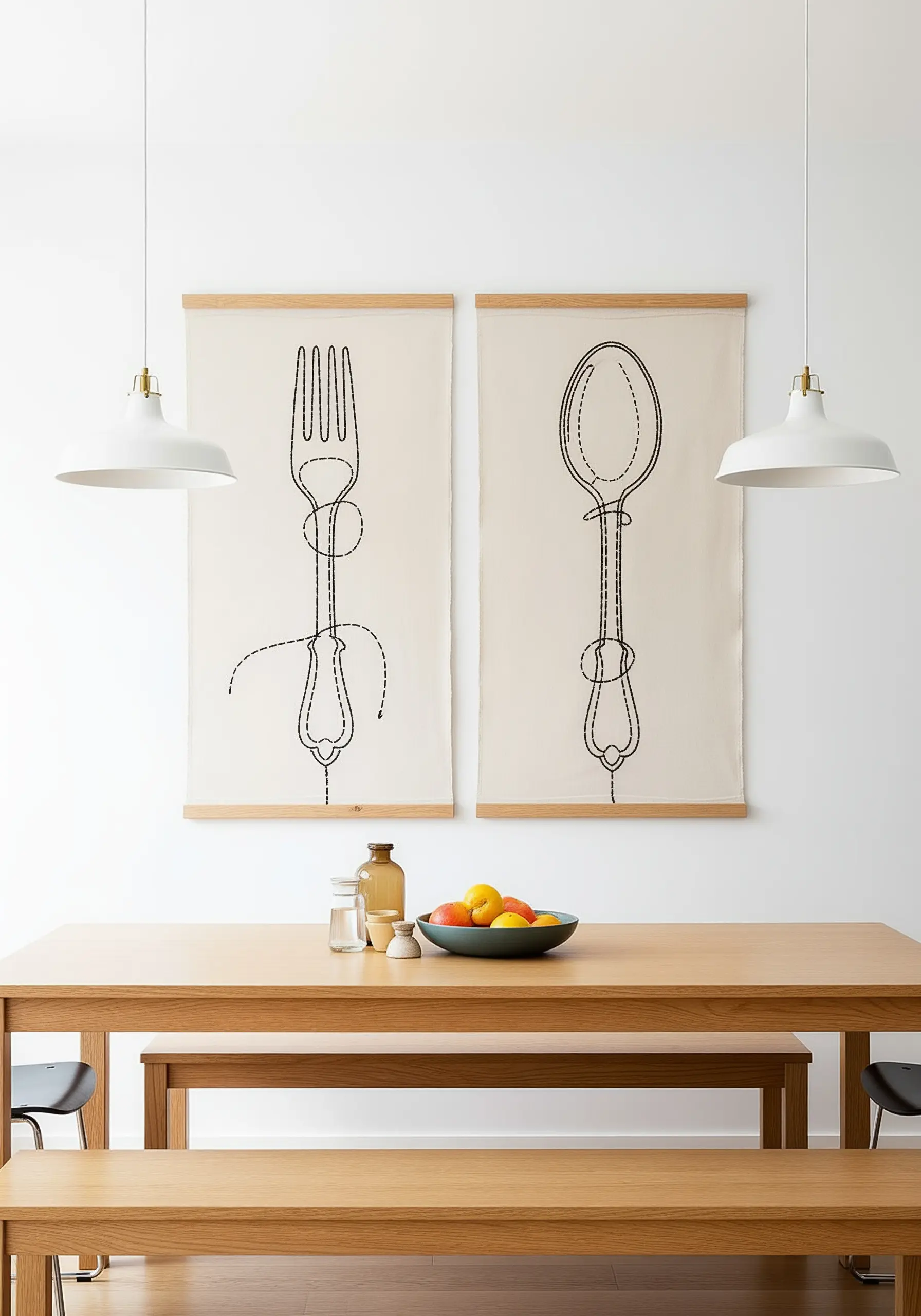 Two wall hangings with sketchy, artistic line drawings of a fork and a spoon.