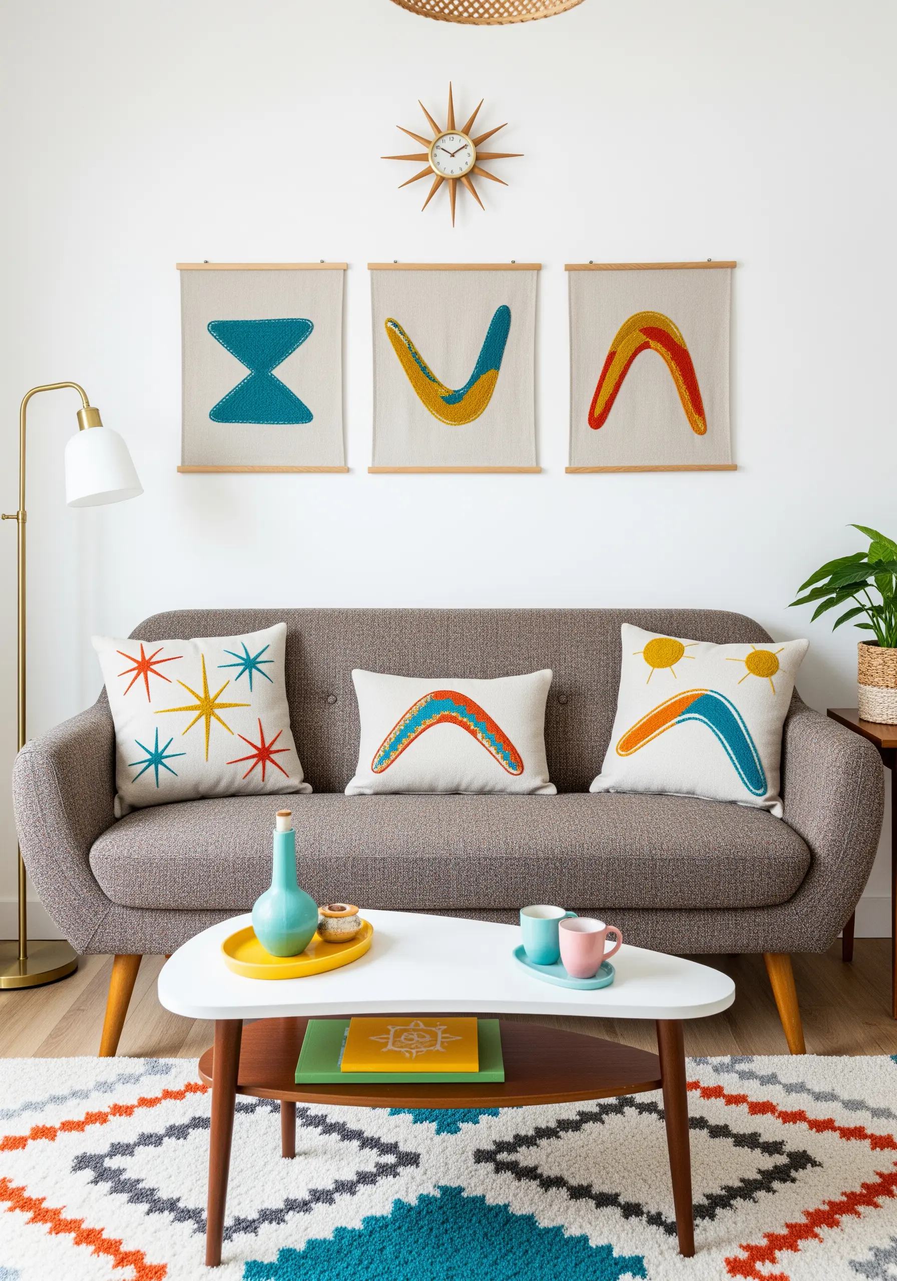 Mid-century modern boomerang and starburst motifs embroidered on pillows and wall art.