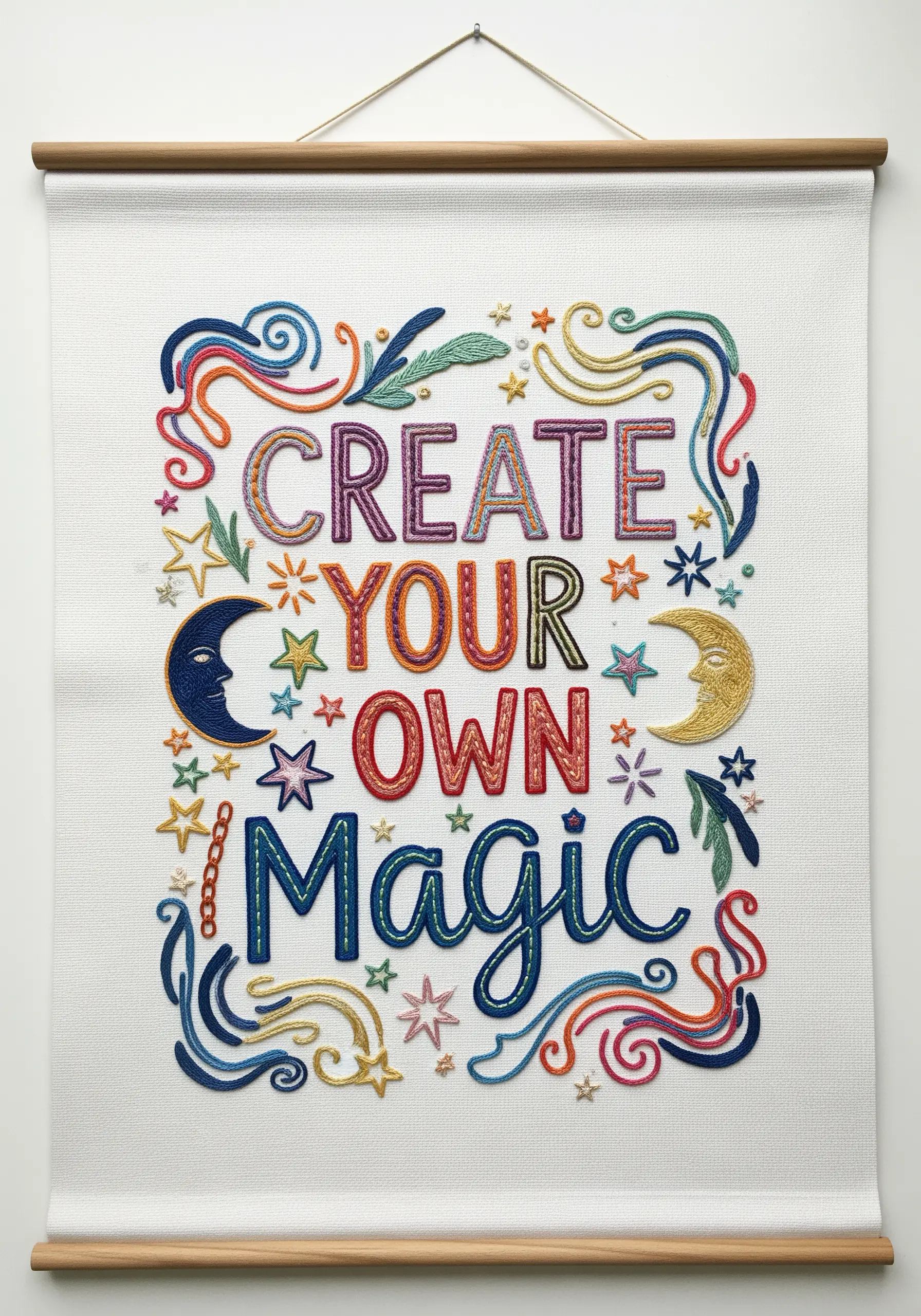 A colorful embroidered wall hanging with the quote 'Create Your Own Magic' surrounded by stars and swirls.
