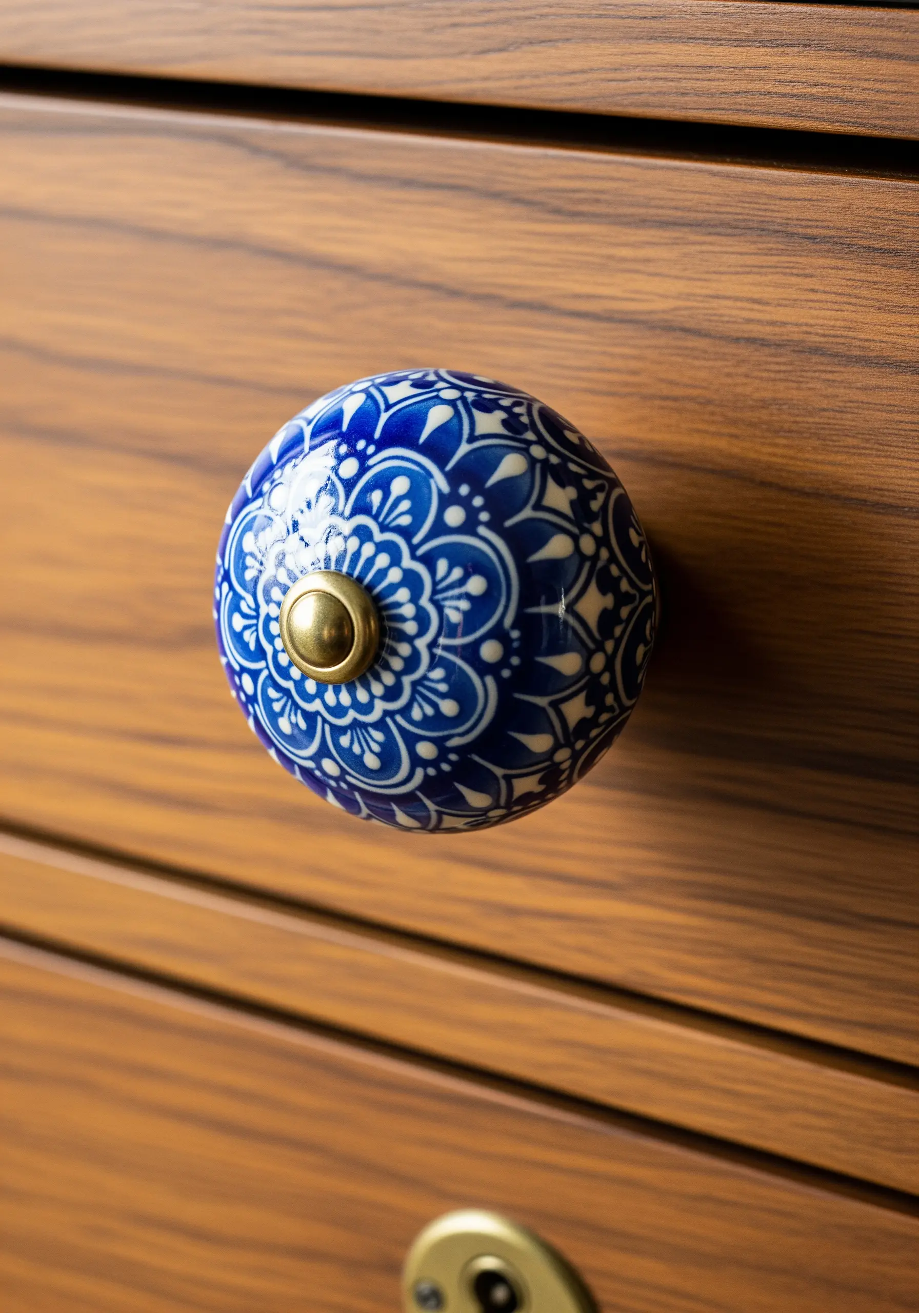 A blue and white floral patterned ceramic drawer knob on a wooden dresser.