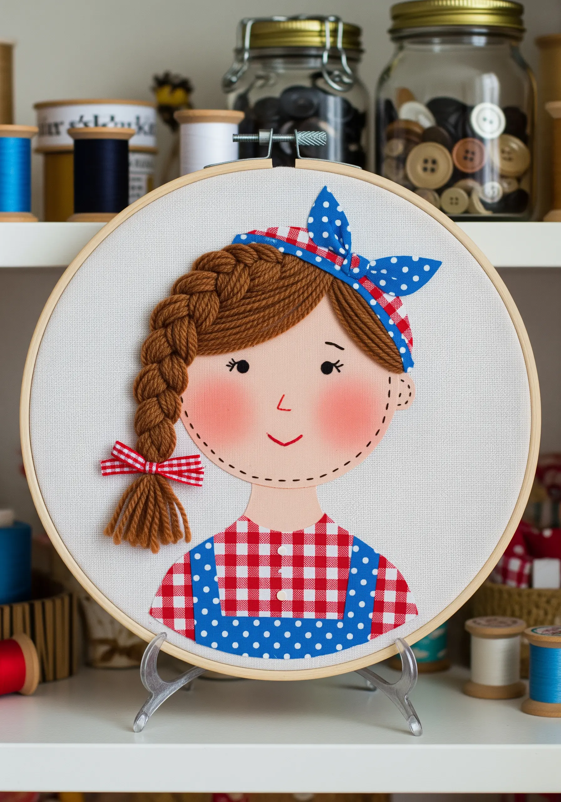 Cute appliqué portrait of a girl with a real, 3D yarn braid and a fabric bow.