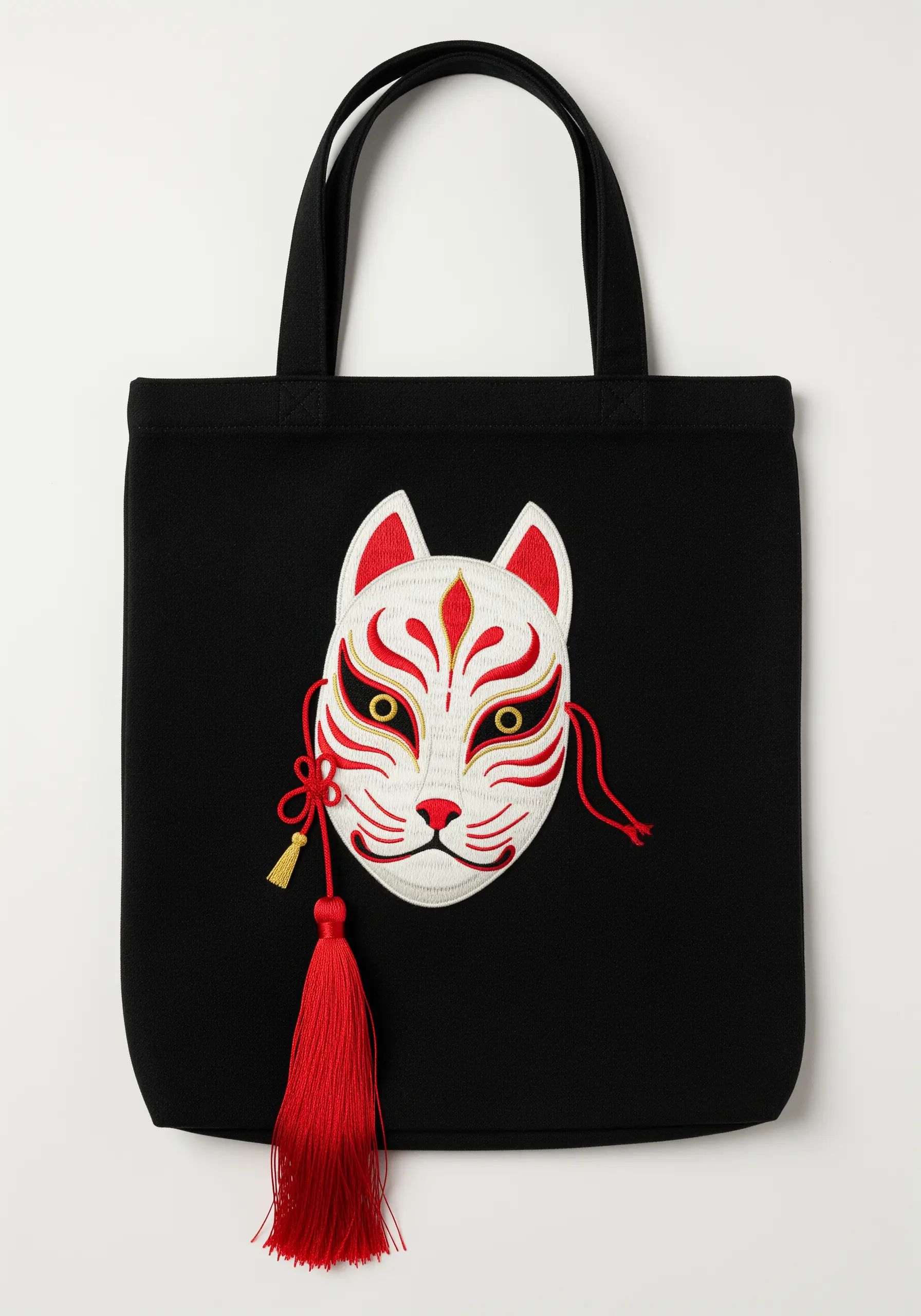 An embroidered Japanese Kitsune mask with a real, dangling red tassel attached.