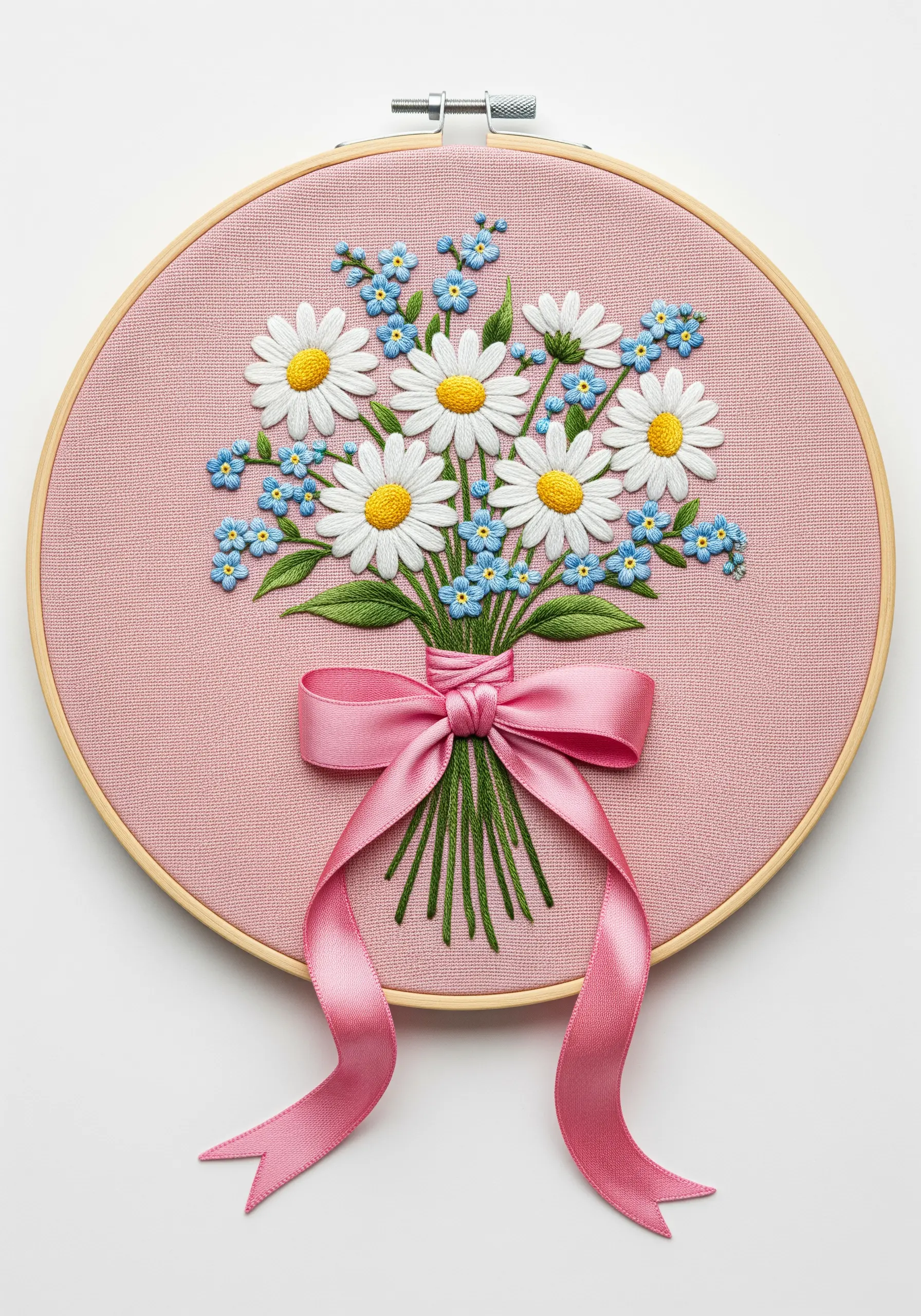 An embroidered bouquet of daisies and forget-me-nots tied with a physical pink satin ribbon.