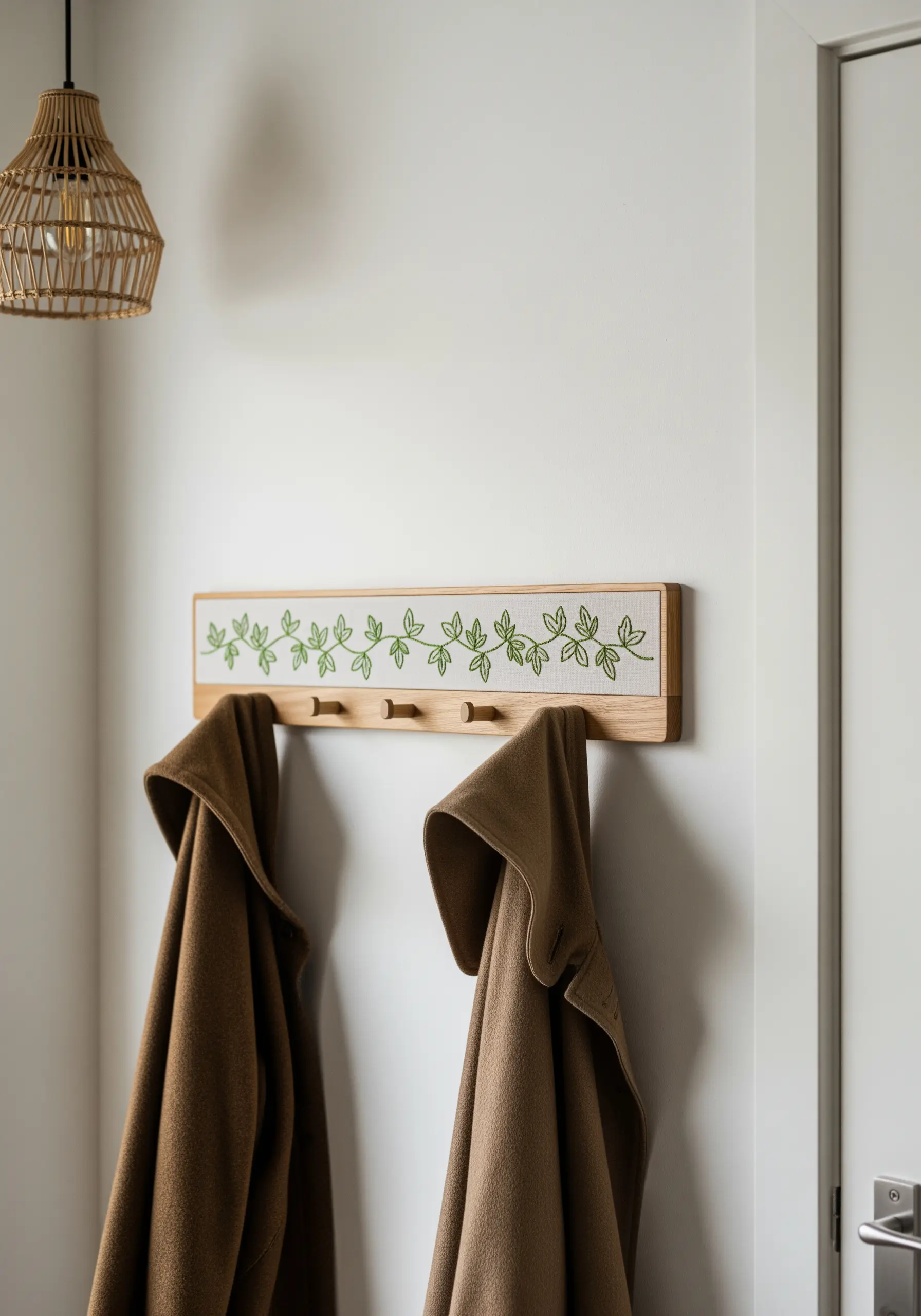 A repeating green leaf vine embroidered on a fabric panel of a coat rack.