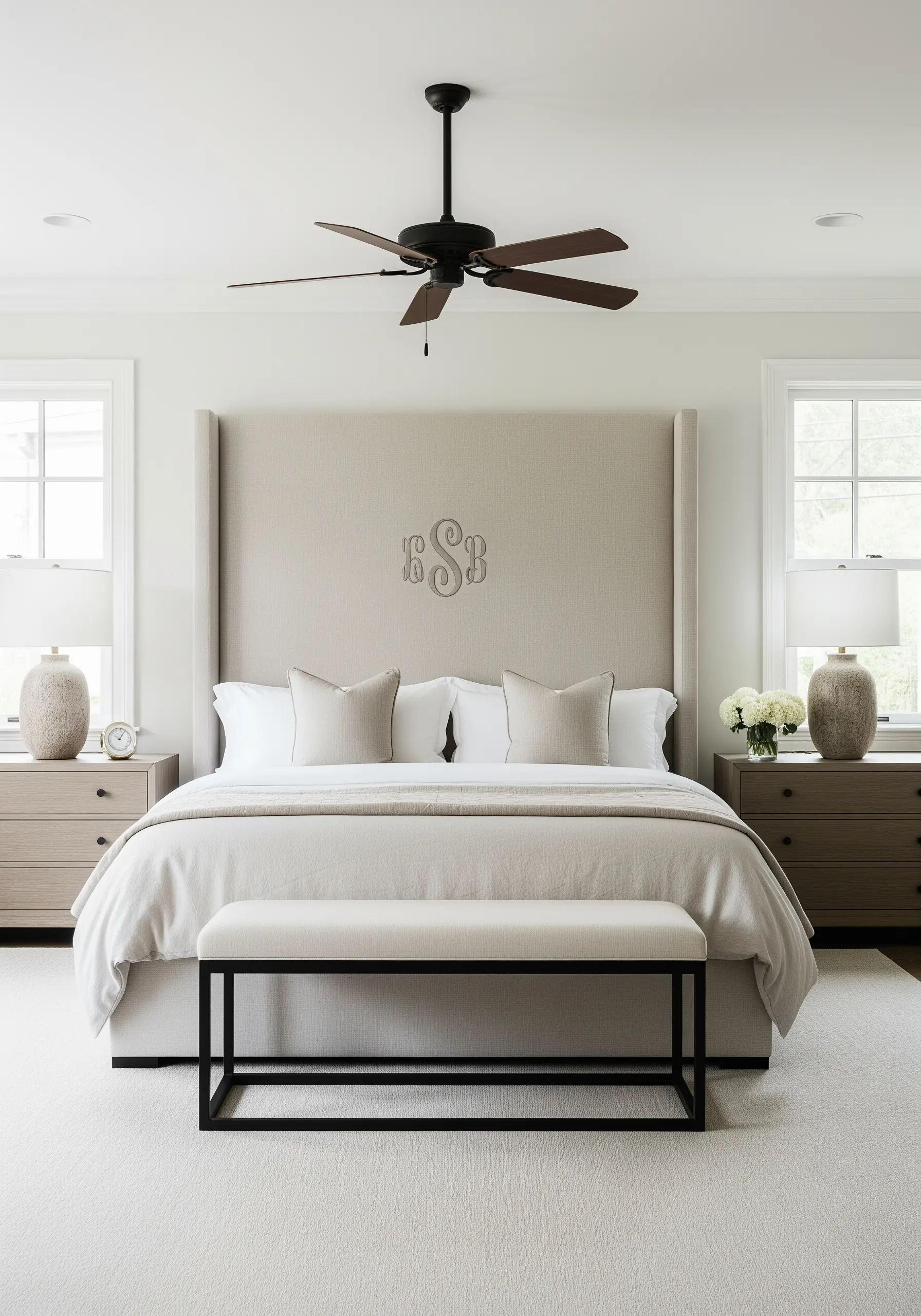 A subtle, tone-on-tone classic monogram embroidered directly onto a beige upholstered headboard.