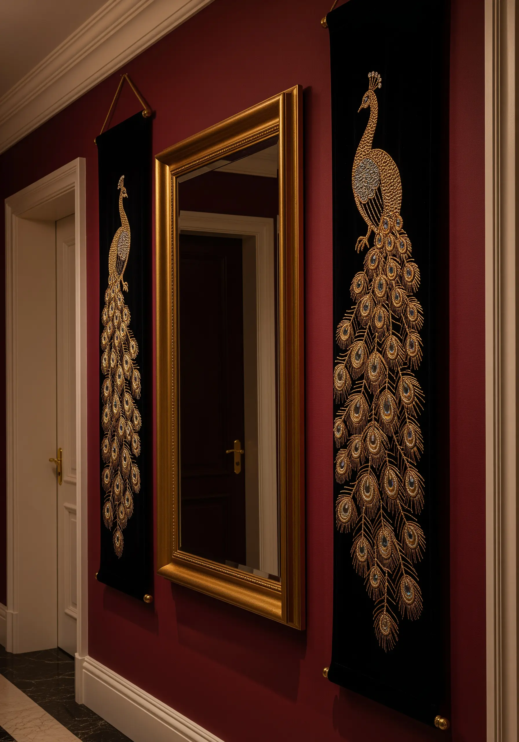 Two black velvet banners featuring peacocks embroidered with gold thread and beads.