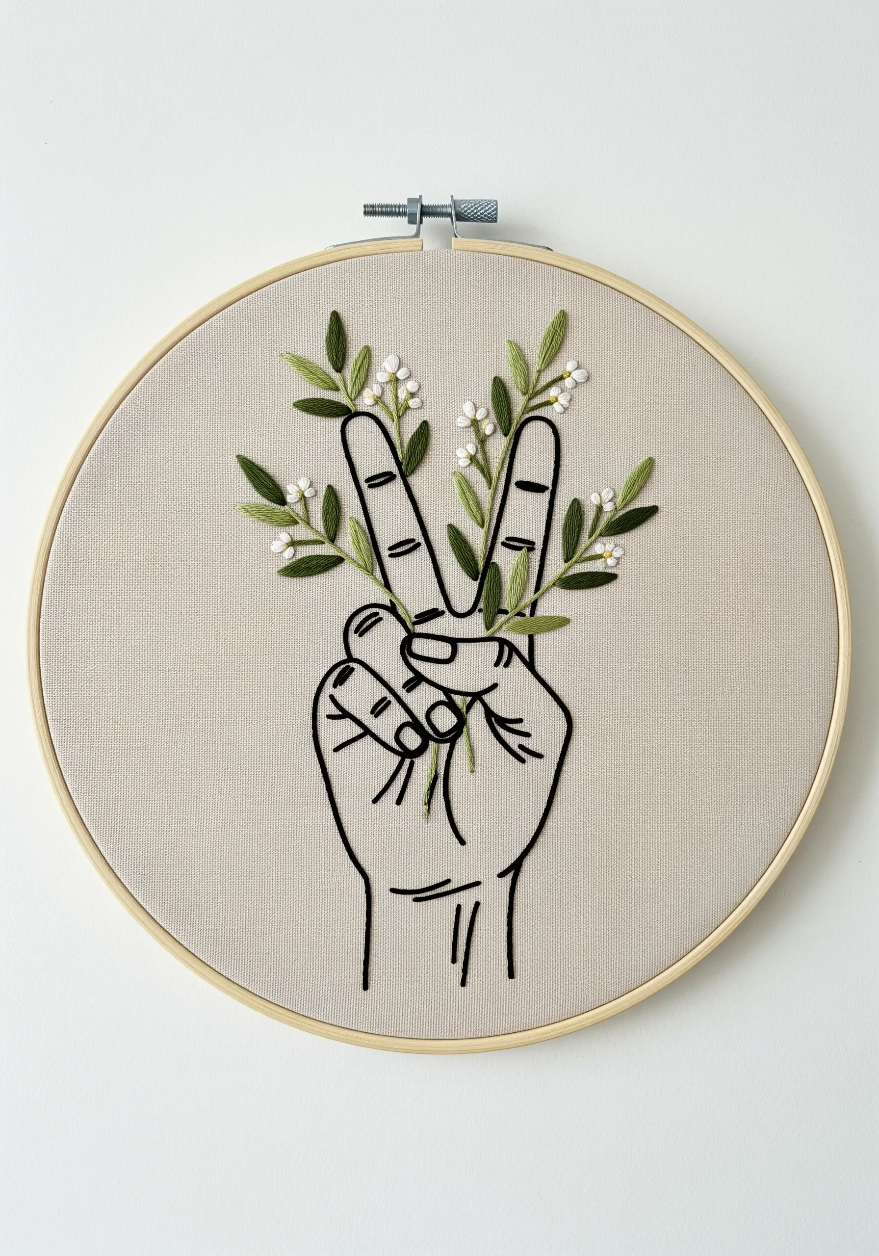 A line art peace sign gesture with delicate green foliage and white flowers growing from it.