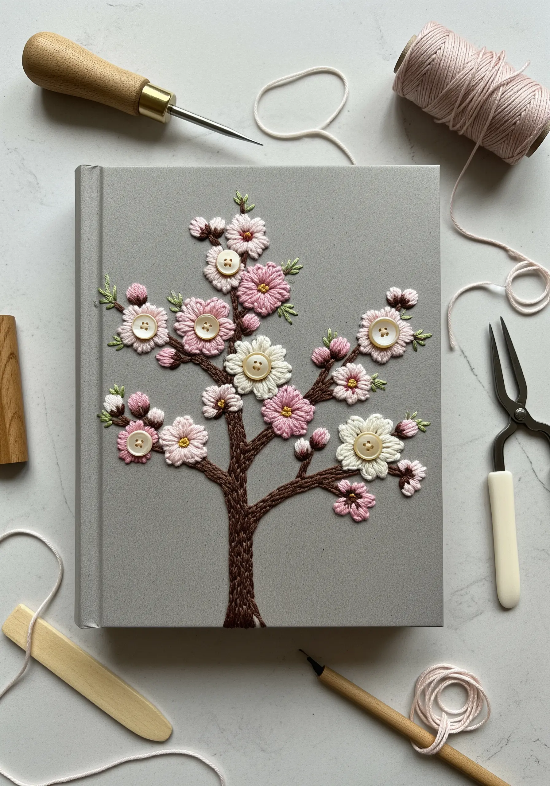 An embroidered cherry blossom tree on a book cover, with small buttons as the flower centers.