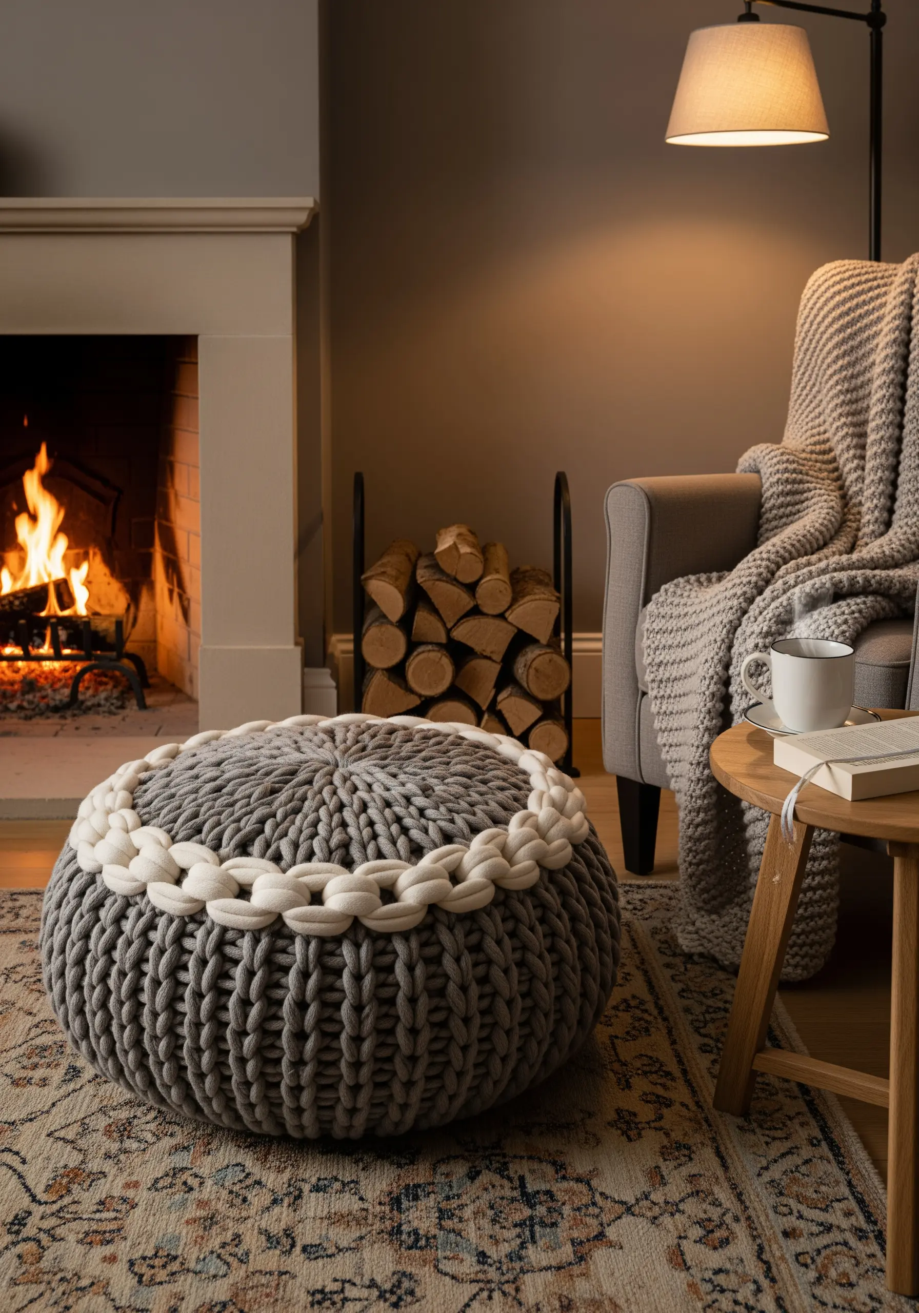 A gray knit pouf with a thick, chunky white braid attached around its top edge.