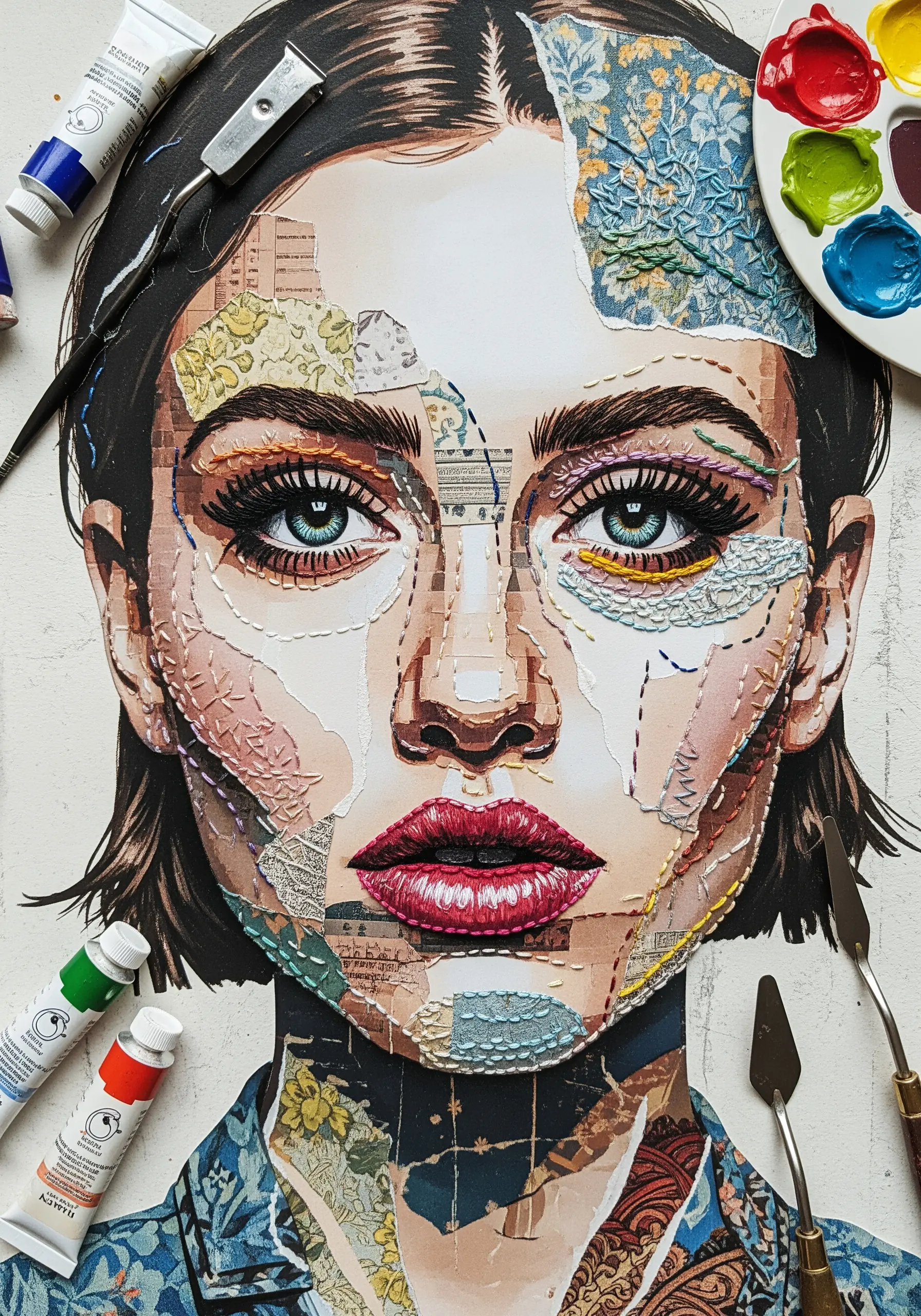 A mixed-media portrait of a woman's face, created with collaged paper and unified with fine embroidery stitches.