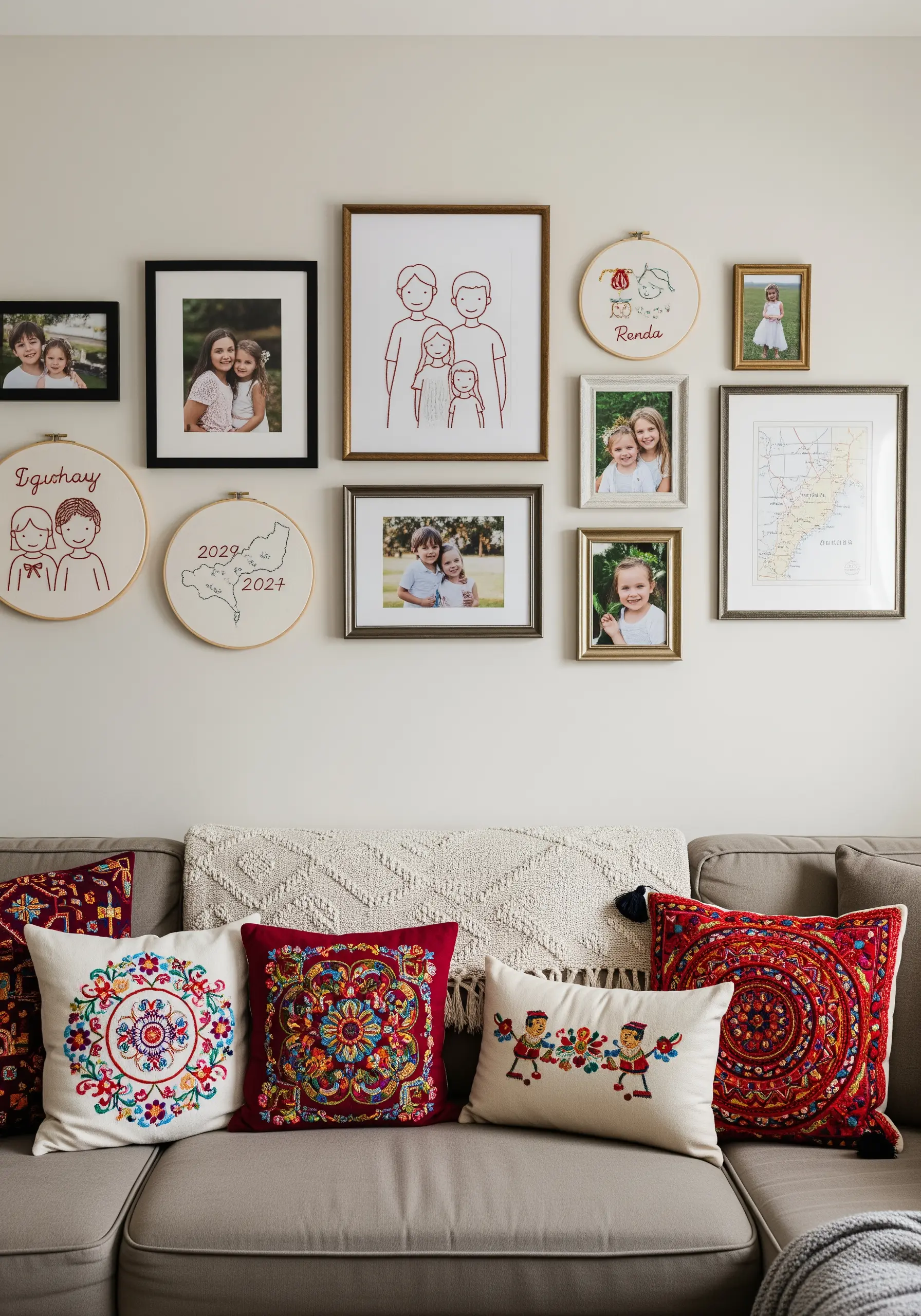 A gallery wall mixing framed photos with embroidered family portraits and dates in hoops.