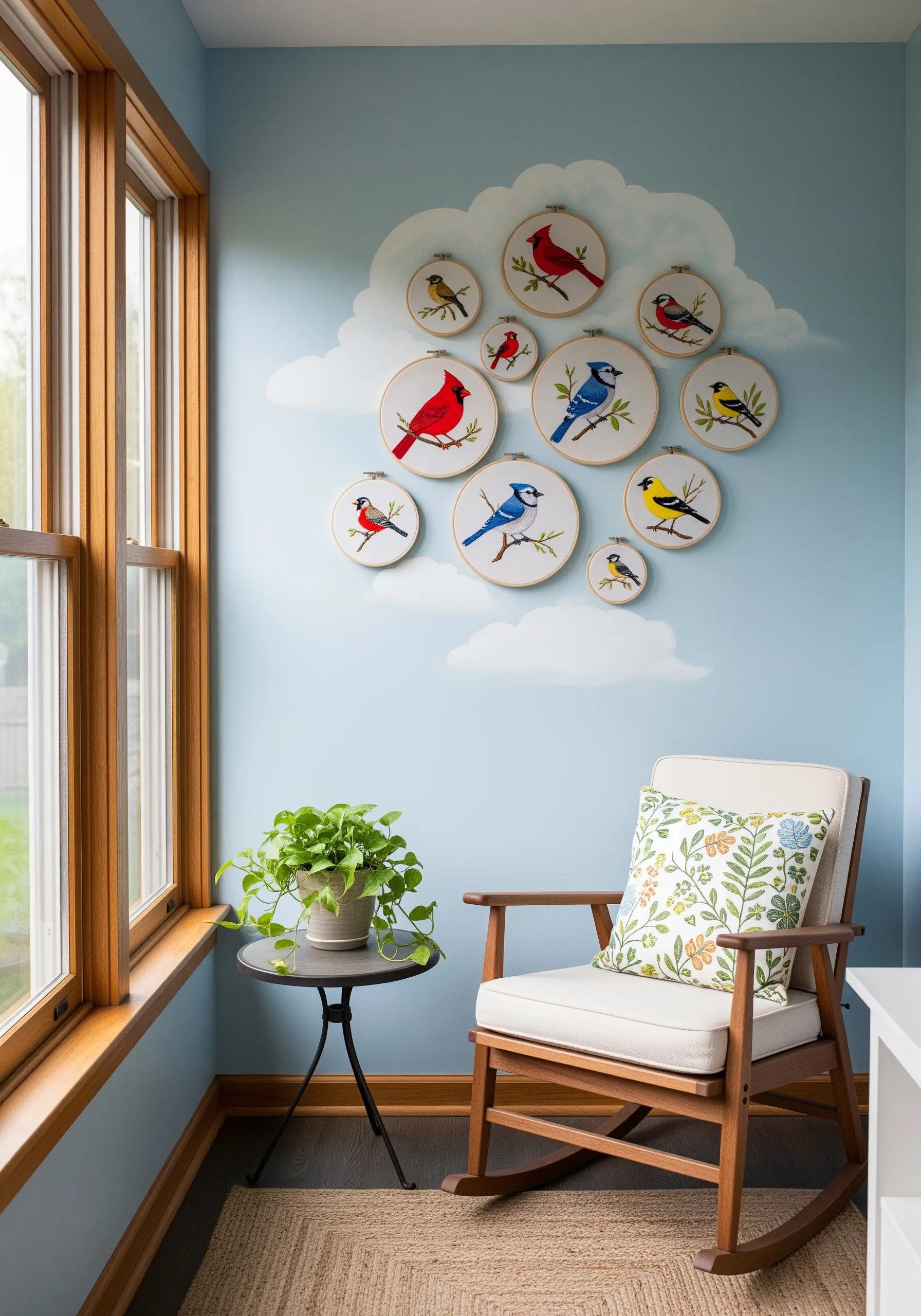 A collection of bird embroidery hoops arranged on a wall painted with a large white cloud.