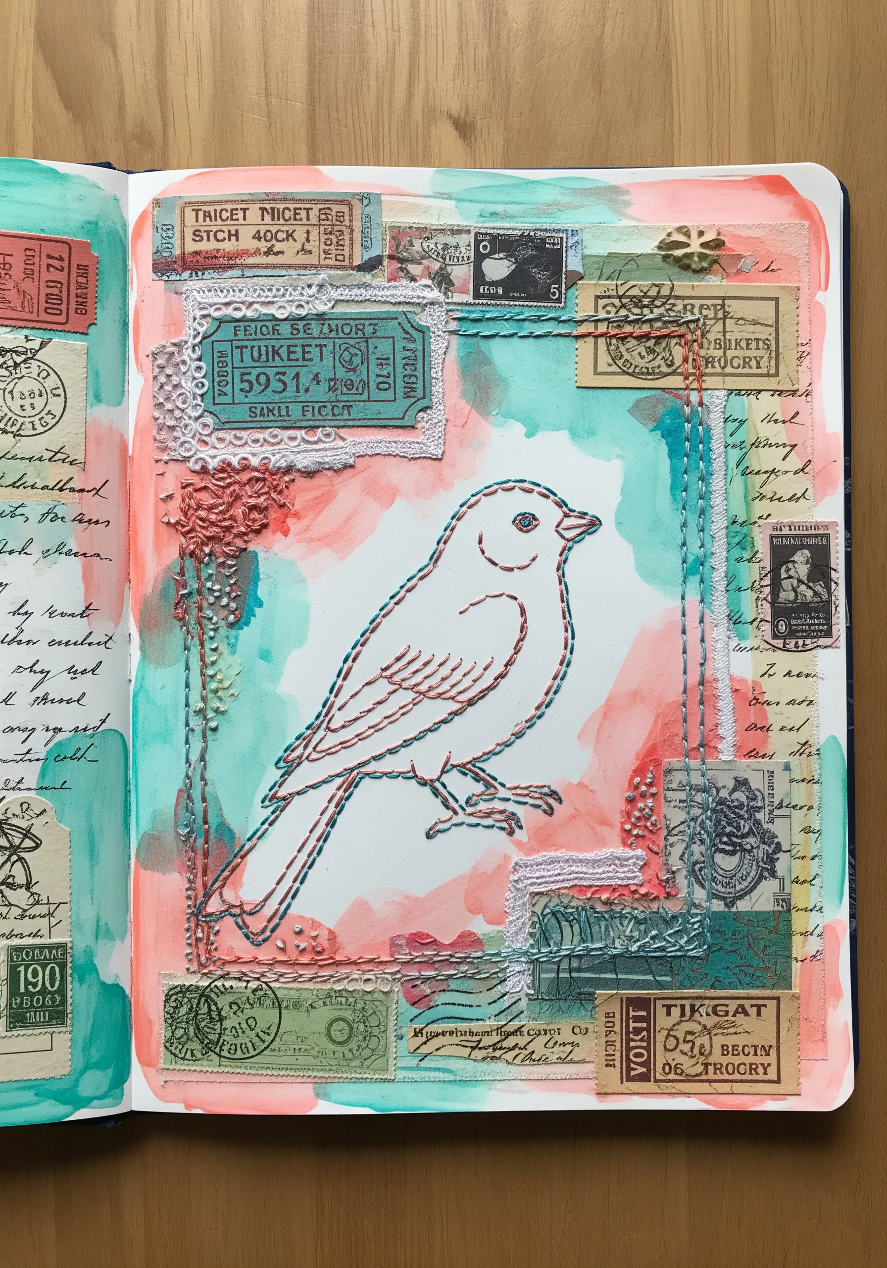 Art journal page with an embroidered bird outline over a watercolor wash and vintage stamps.