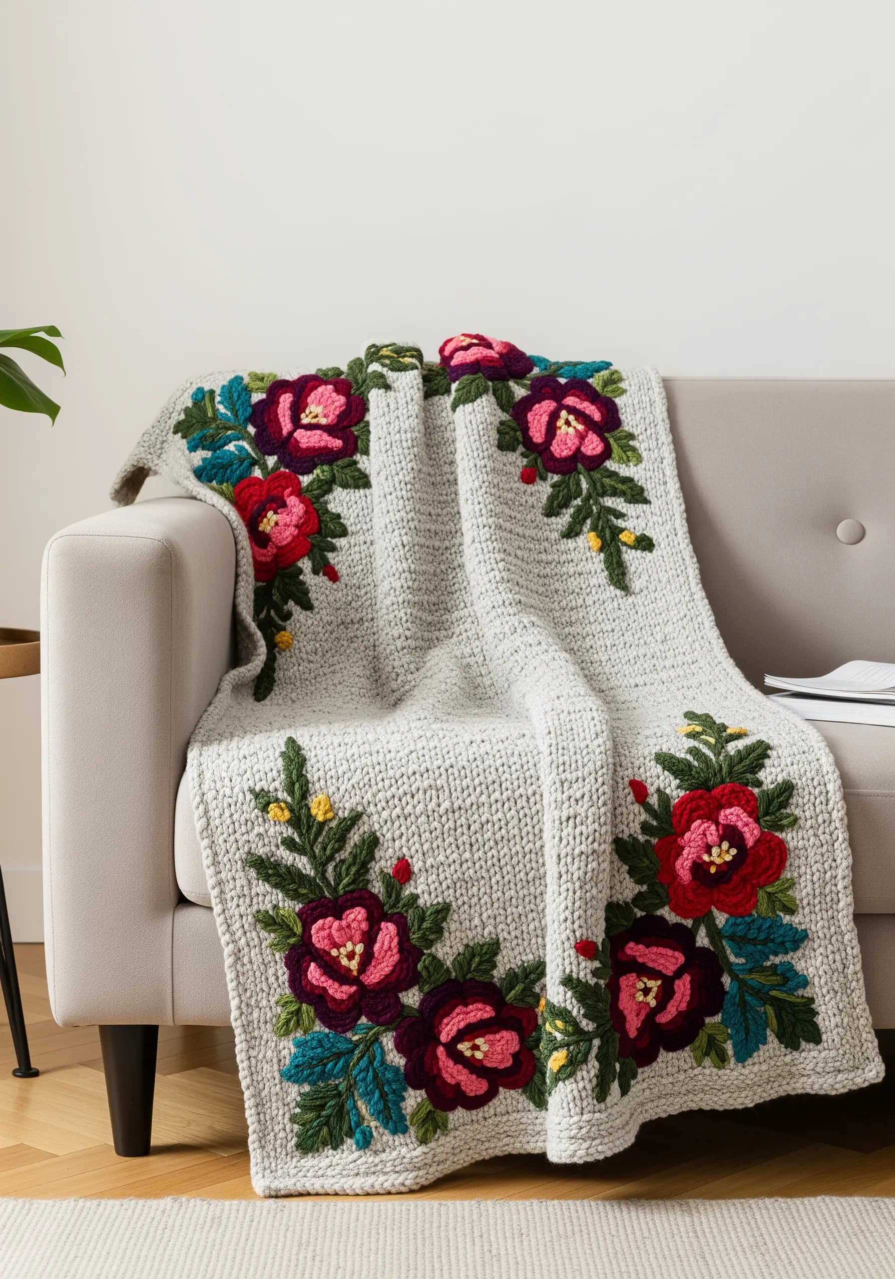A grey knitted throw blanket with large, colorful embroidered floral motifs.