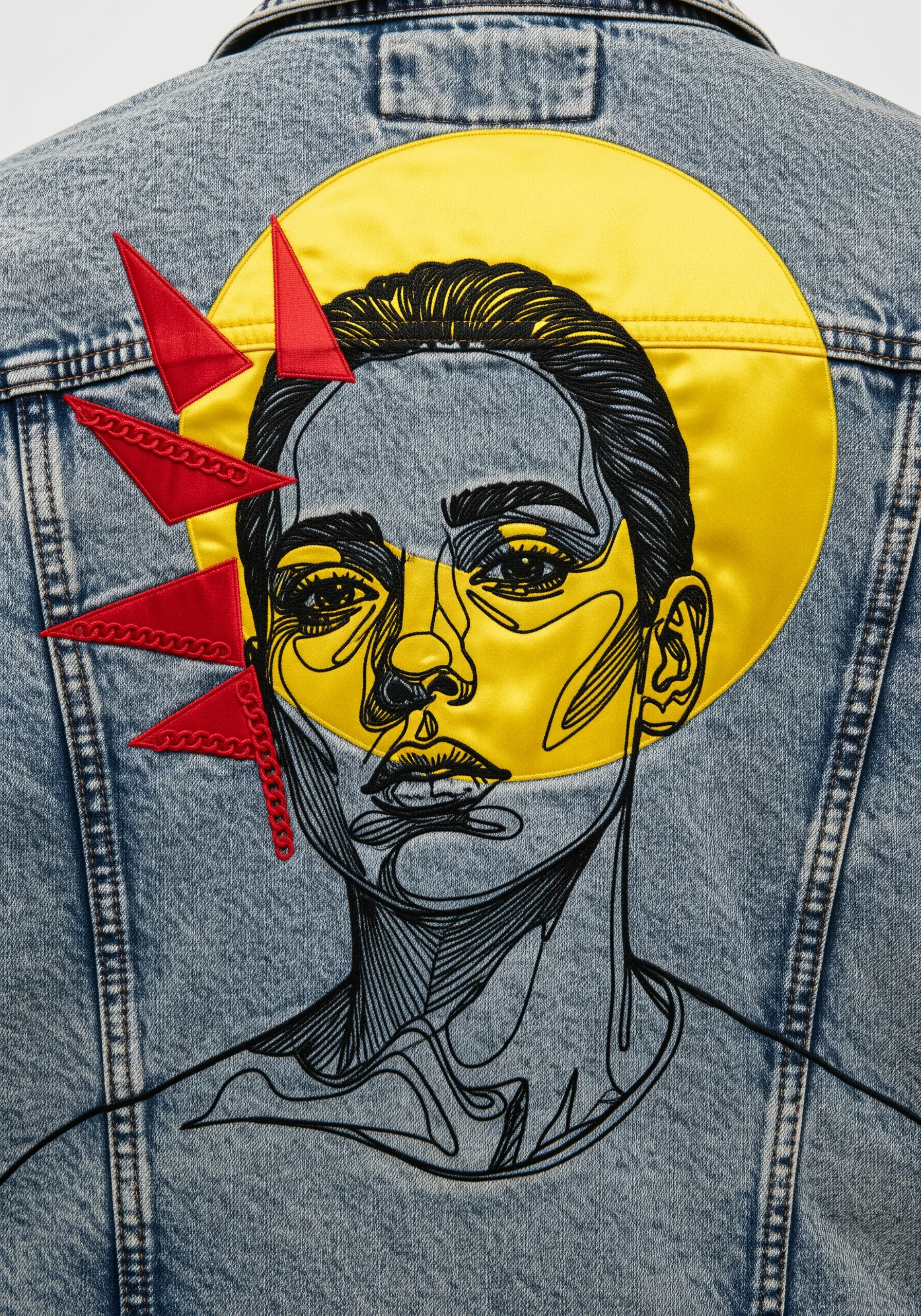 Embroidered portrait with a yellow satin circle and red fabric spikes creating a modern halo.